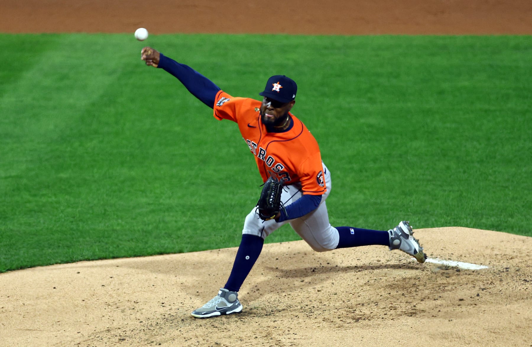 PHILADELPHIA, PENNSYLVANIA - NOVEMBER 02: Cristian Javier #53 of the Houston Astros delivers a pitch against the Philadelphia Phillies during the second inning in Game Four of the 2022 World Series at Citizens Bank Park on November 02, 2022 in Philadelphia, Pennsylvania. (Photo by Elsa/Getty Images)