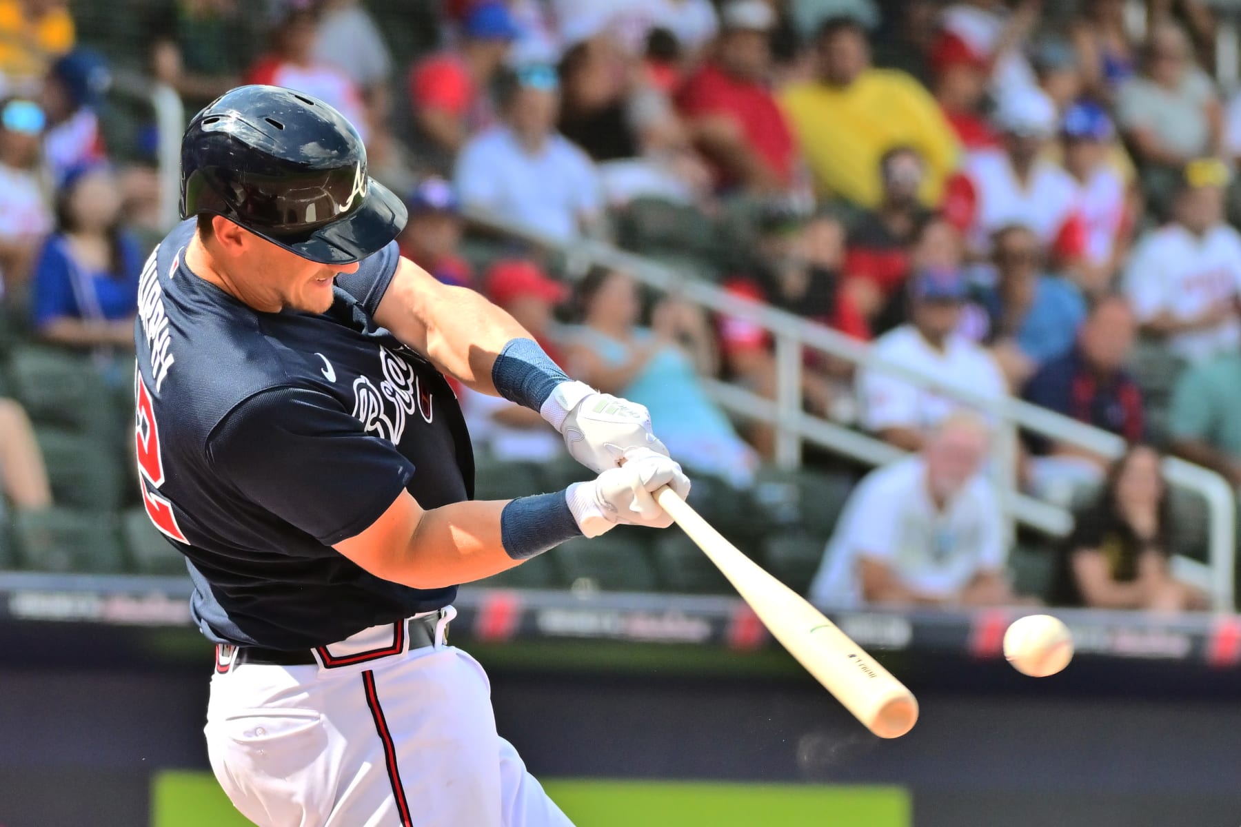 NORTH PORT, FLORIDA - MARCH 09: Sean Murphy #12 of the Atlanta Braves hits a single in the fourth inning against the Puerto Rico National Team during an exhibition game at CoolToday Park on March 09, 2023 in North Port, Florida. (Photo by Julio Aguilar/Getty Images)