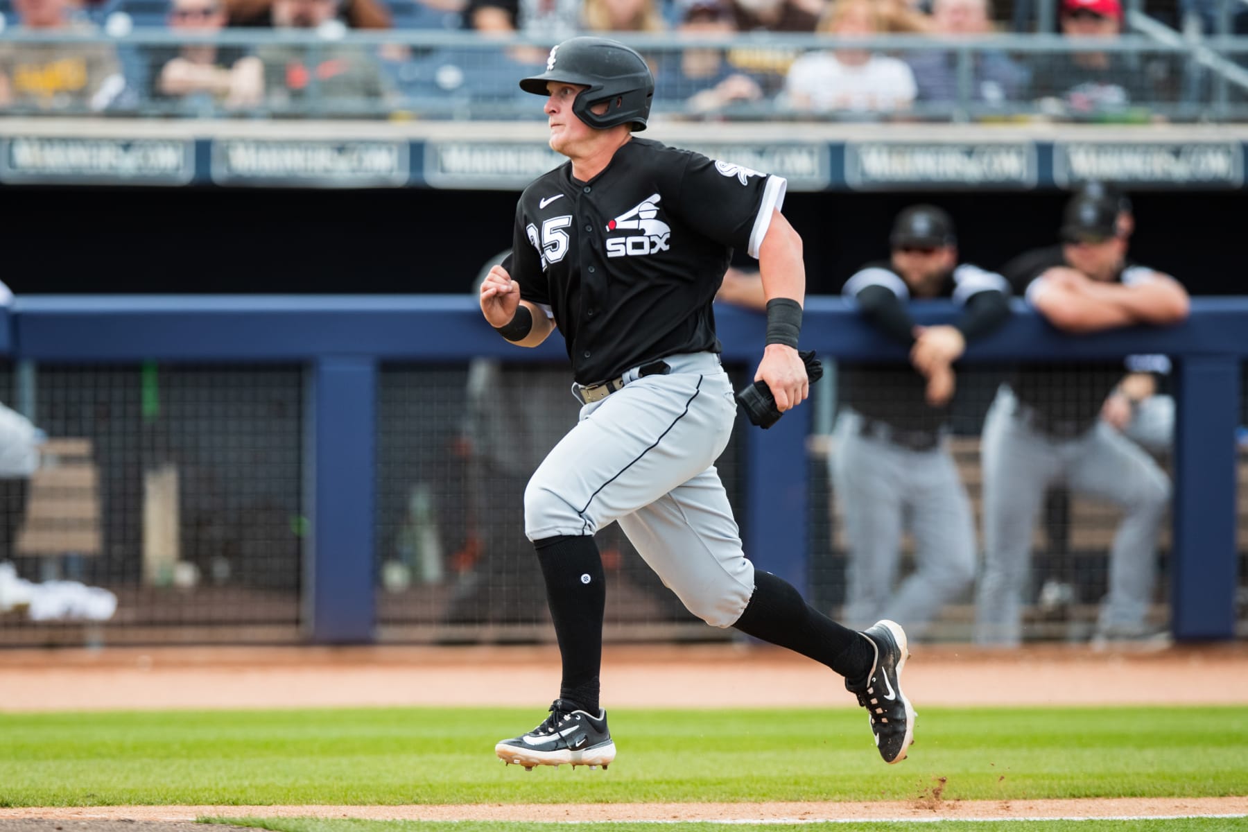PEORIA, ARIZONA - MARCH 11: Andrew Vaughn #25 of the Chicago White Sox runs to home plate during the Spring Training Game against the San Diego Padres at Peoria Stadium on March 11, 2023 in Peoria, Arizona. (Photo by John E. Moore III/Getty Images)