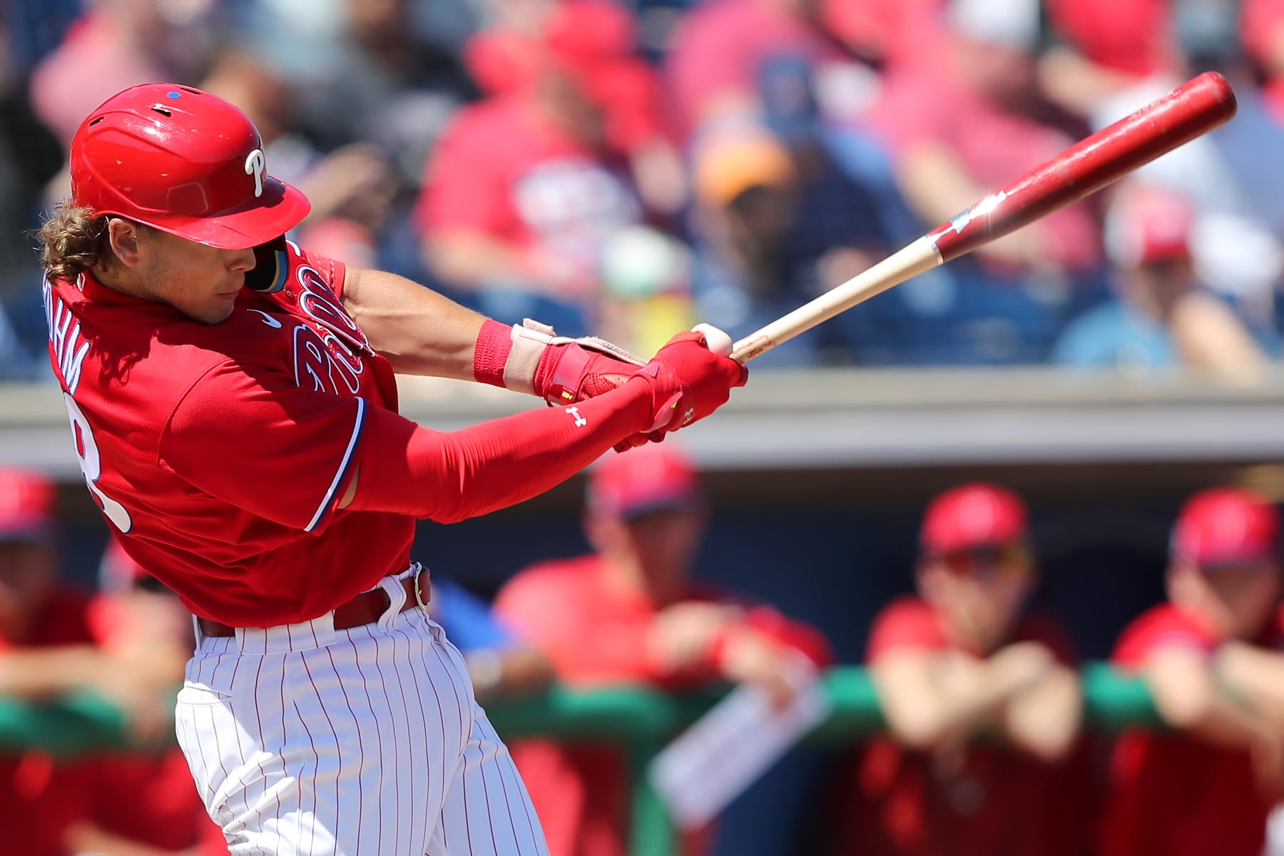 CLEARWATER, FL - March 12: Philadelphia Phillies infielder Alec Bohm (28) at bat during the spring training game between the Toronto Blue Jays and the Philadelphia Phillies on March 12, 2023 at BayCare Ballpark in Clearwater, Florida. (Photo by Cliff Welch/Icon Sportswire via Getty Images)