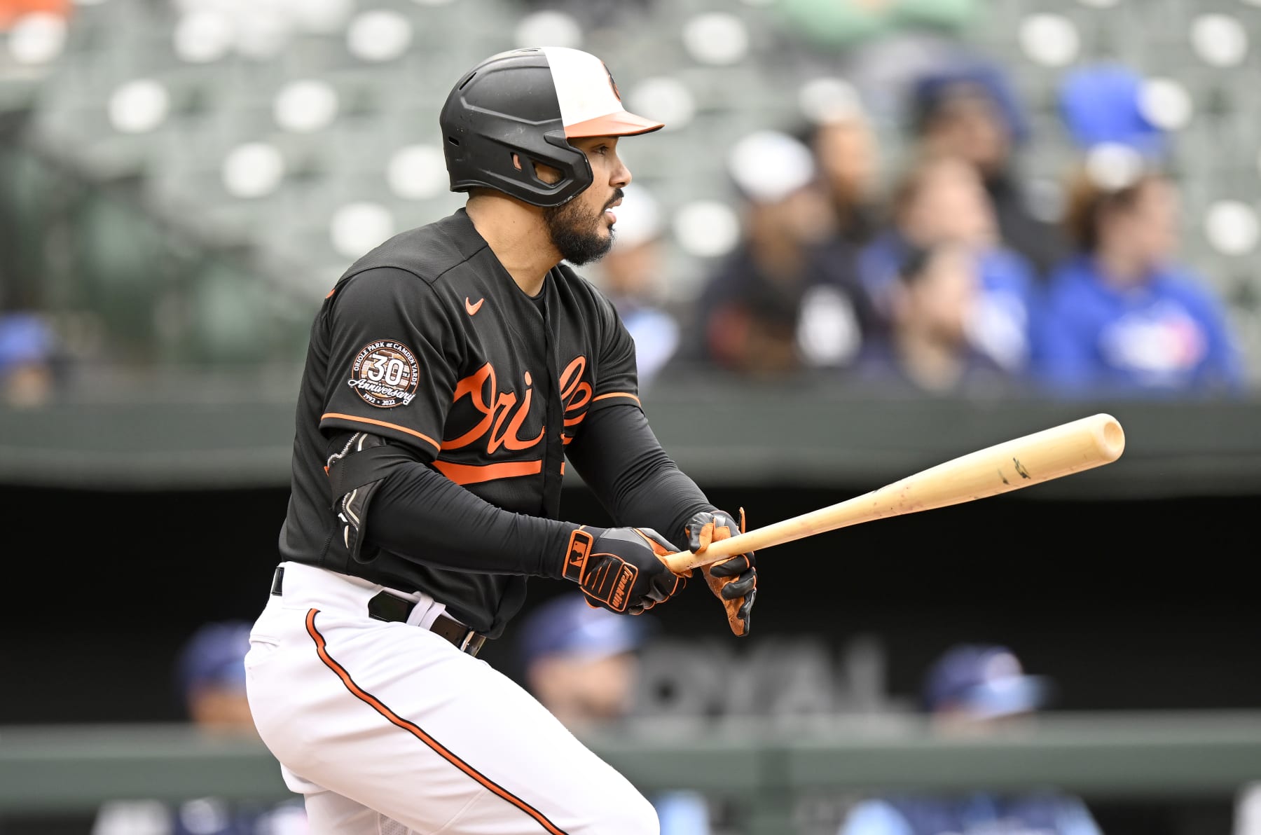 BALTIMORE, MARYLAND - OCTOBER 05: Anthony Santander #25 of the Baltimore Orioles bats against the Toronto Blue Jays during game one of a doubleheader at Oriole Park at Camden Yards on October 05, 2022 in Baltimore, Maryland. (Photo by G Fiume/Getty Images)