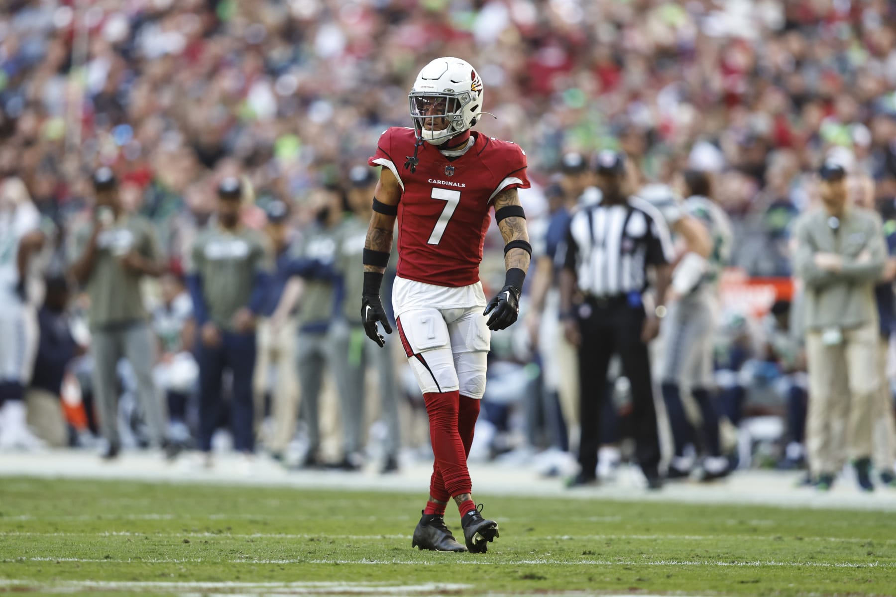 GLENDALE, ARIZONA - NOVEMBER 06: Byron Murphy Jr. #7 of the Arizona Cardinals looks on during an NFL Football game between the Arizona Cardinals and the Seattle Seahawks at State Farm Stadium on November 06, 2022 in Glendale, Arizona. (Photo by Michael Owens/Getty Images)