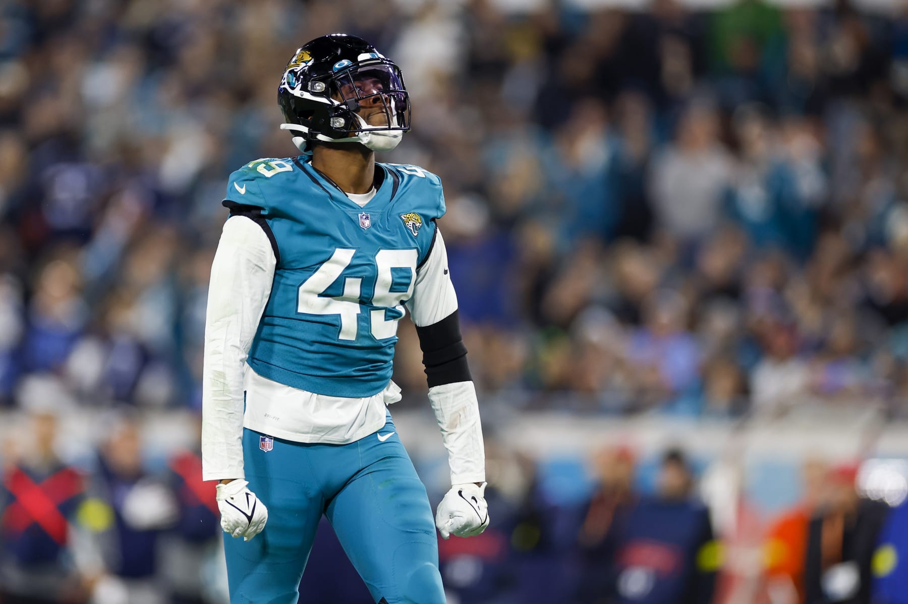JACKSONVILLE, FL - JANUARY 07: Jacksonville Jaguars defensive end Arden Key (49) reacts after a play during the game between the Tennessee Titans and the Jacksonville Jaguars and the  on January 7, 2023 at TIAA Bank Field in Jacksonville, Fl. (Photo by David Rosenblum/Icon Sportswire via Getty Images)