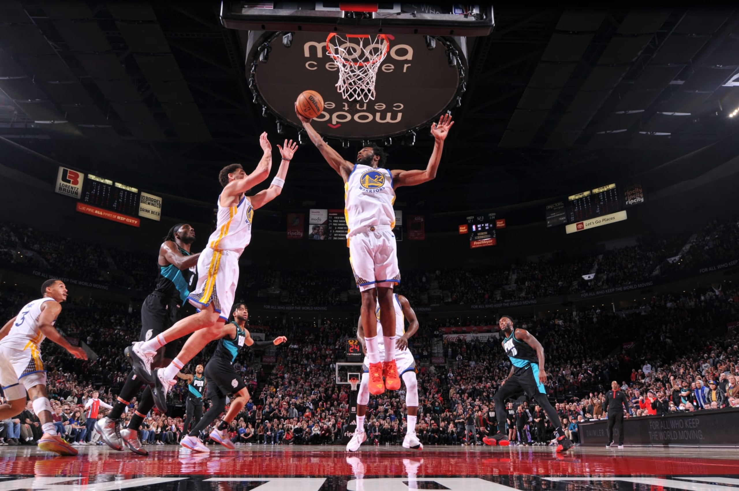 PORTLAND, OR - FEBRUARY 8: Andrew Wiggins #22 of the Golden State Warriors goes up for the rebound against the Portland Trail Blazers on February 8, 2023 at the Moda Center Arena in Portland, Oregon. NOTE TO USER: User expressly acknowledges and agrees that, by downloading and or using this photograph, user is consenting to the terms and conditions of the Getty Images License Agreement. Mandatory Copyright Notice: Copyright 2023 NBAE (Photo by Sam Forencich/NBAE via Getty Images)