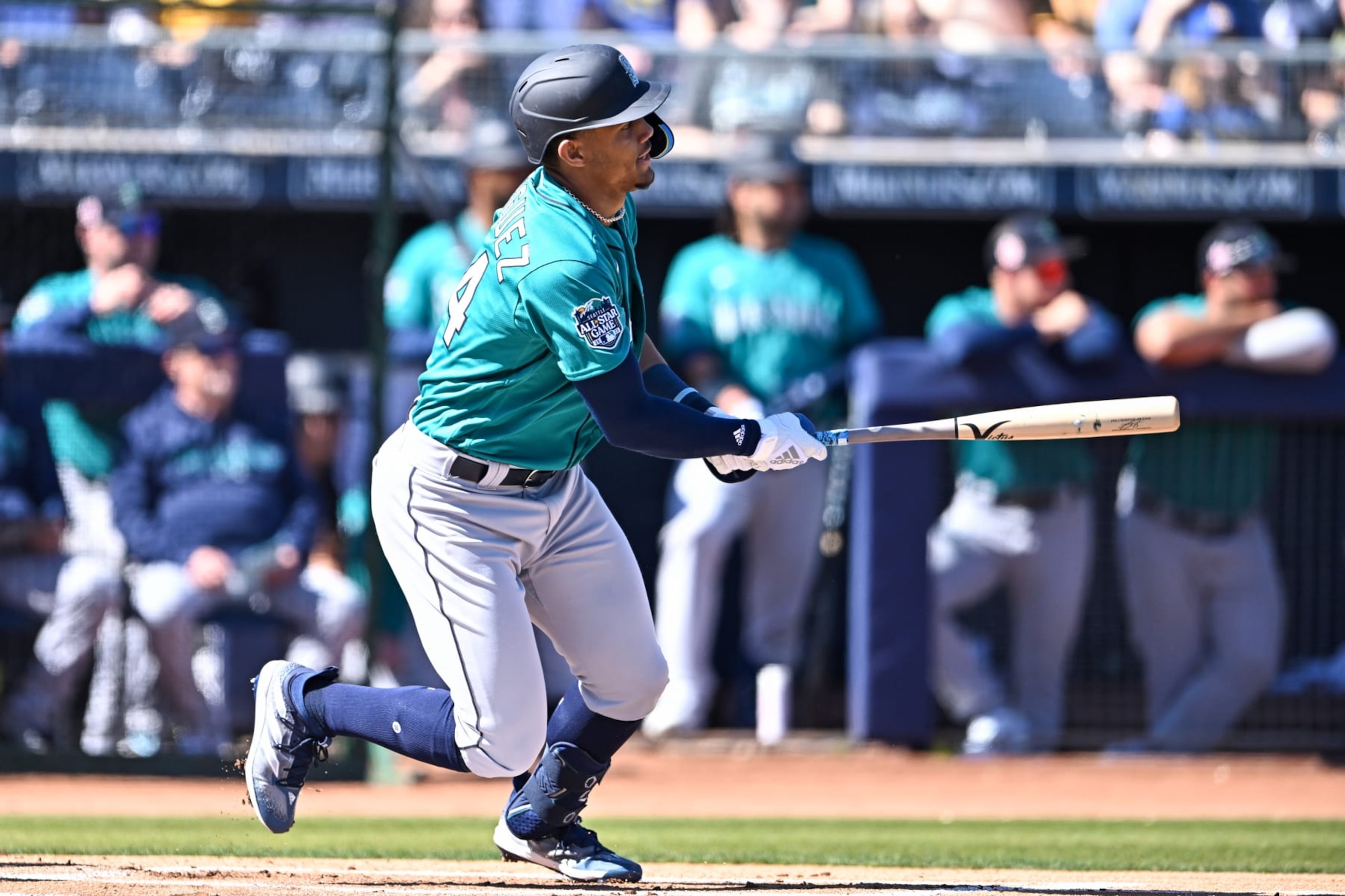 PEORIA, ARIZONA - FEBRUARY 24, 2023: Julio Rodríguez #44 of the Seattle Mariners runs out a single during the first inning of a spring training game against the San Diego Padres at Peoria Stadium on February 24, 2023 in Peoria, Arizona. (Photo by Chris Bernacchi/Diamond Images via Getty Images)