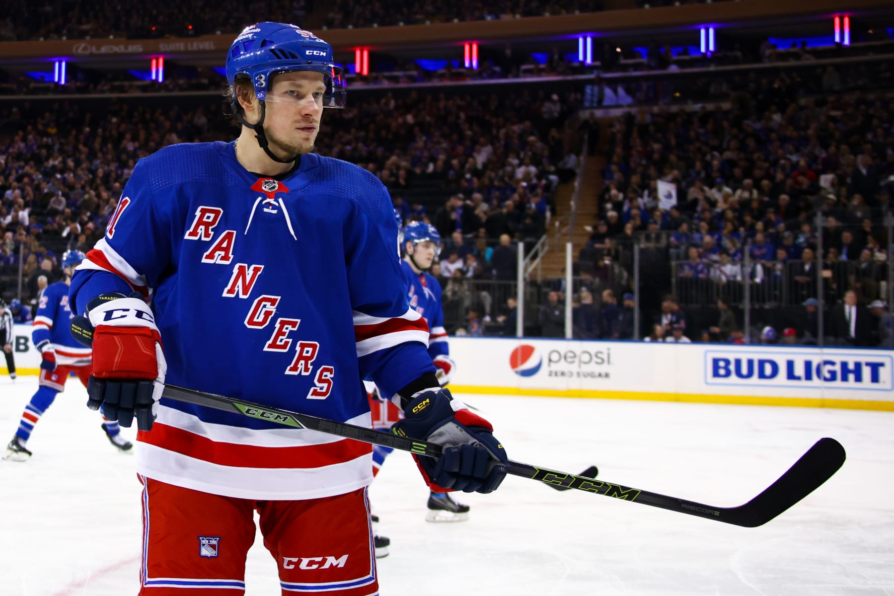 NEW YORK, NY - MARCH 02: New York Rangers Right Wing Vladimir Tarasenko (91) is pictured prior to the National Hockey League game between the Ottawa Senators and the New York Rangers on March 2, 2023 at Madison Square Garden in New York, NY. (Photo by Joshua Sarner/Icon Sportswire via Getty Images)
