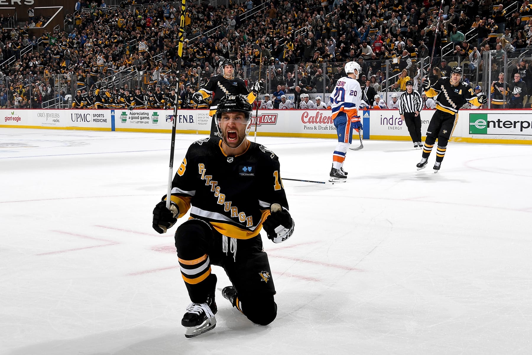 PITTSBURGH, PA - MARCH 09:  Jason Zucker #16 of the Pittsburgh Penguins celebrates his first period goal against the New York Islanders at PPG PAINTS Arena on March 9, 2023 in Pittsburgh, Pennsylvania. (Photo by Joe Sargent/NHLI via Getty Images)