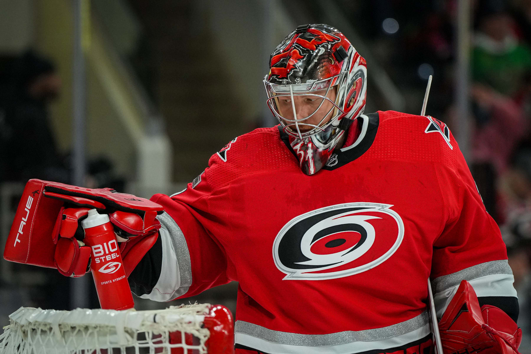 RALEIGH, NORTH CAROLINA - MARCH 14: Frederik Andersen #31 of the Carolina Hurricanes is seen during the second period against the Winnipeg Jets at PNC Arena on March 14, 2023 in Raleigh, North Carolina. (Photo by Josh Lavallee/NHLI via Getty Images)