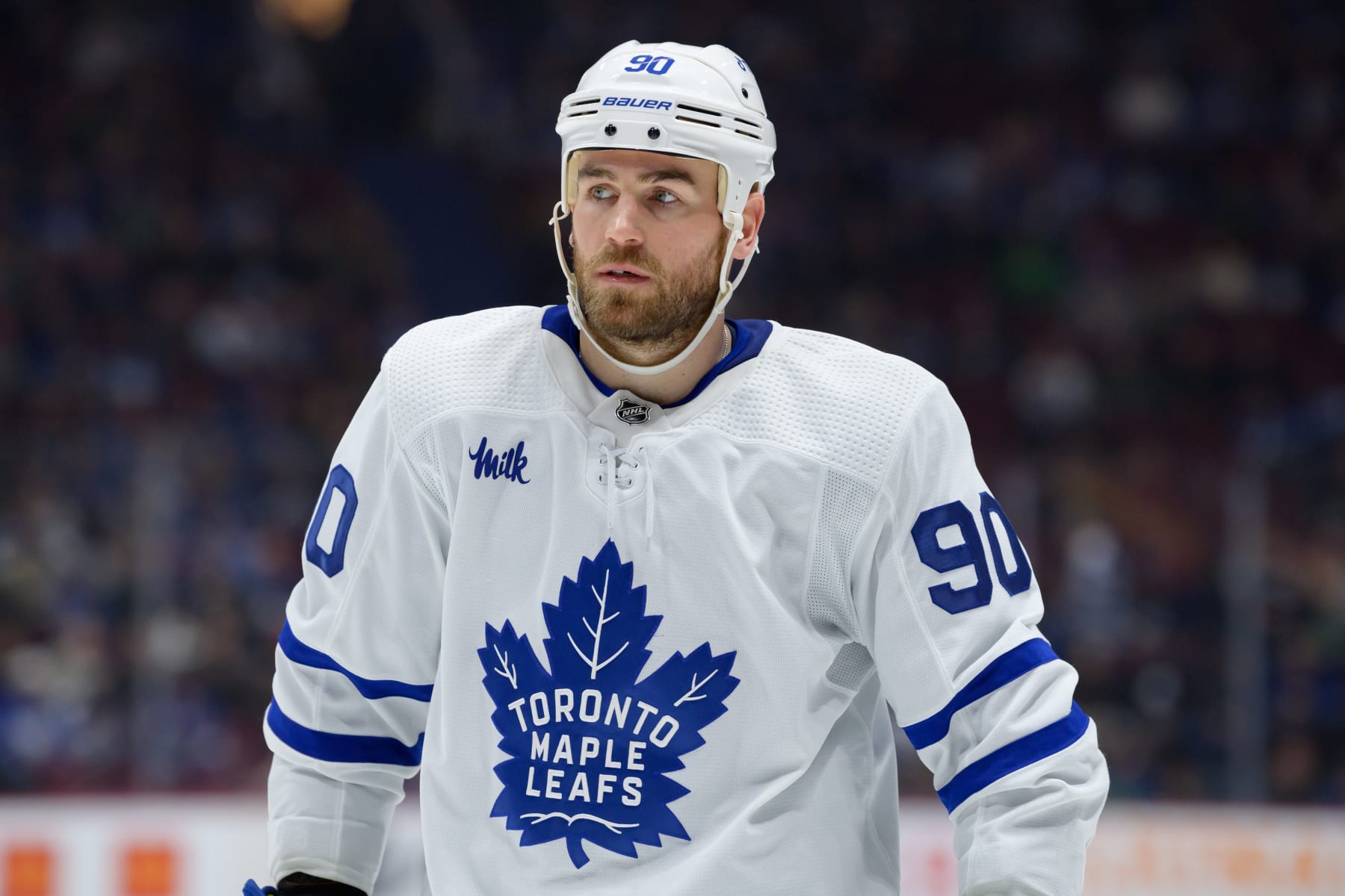 VANCOUVER, CANADA - MARCH 4: Ryan O'Reilly #90 of the Toronto Maple Leafs waits for a face-off during the second period of their NHL game against the Vancouver Canucks against the Vancouver Canucks at Rogers Arena on March 4, 2023 in Vancouver, British Columbia, Canada. (Photo by Derek Cain/Getty Images)