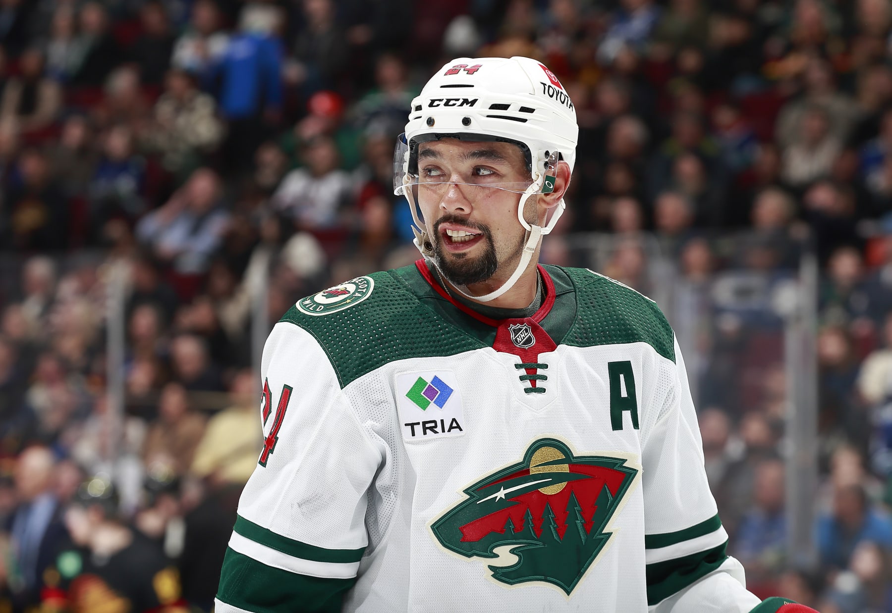 VANCOUVER, CANADA - MARCH 2: Matt Dumba #24 of the Minnesota Wild lines up for a face-off during their NHL game against the Vancouver Canucks at Rogers Arena March 2, 2023 in Vancouver, British Columbia, Canada.  (Photo by Jeff Vinnick/NHLI via Getty Images)
