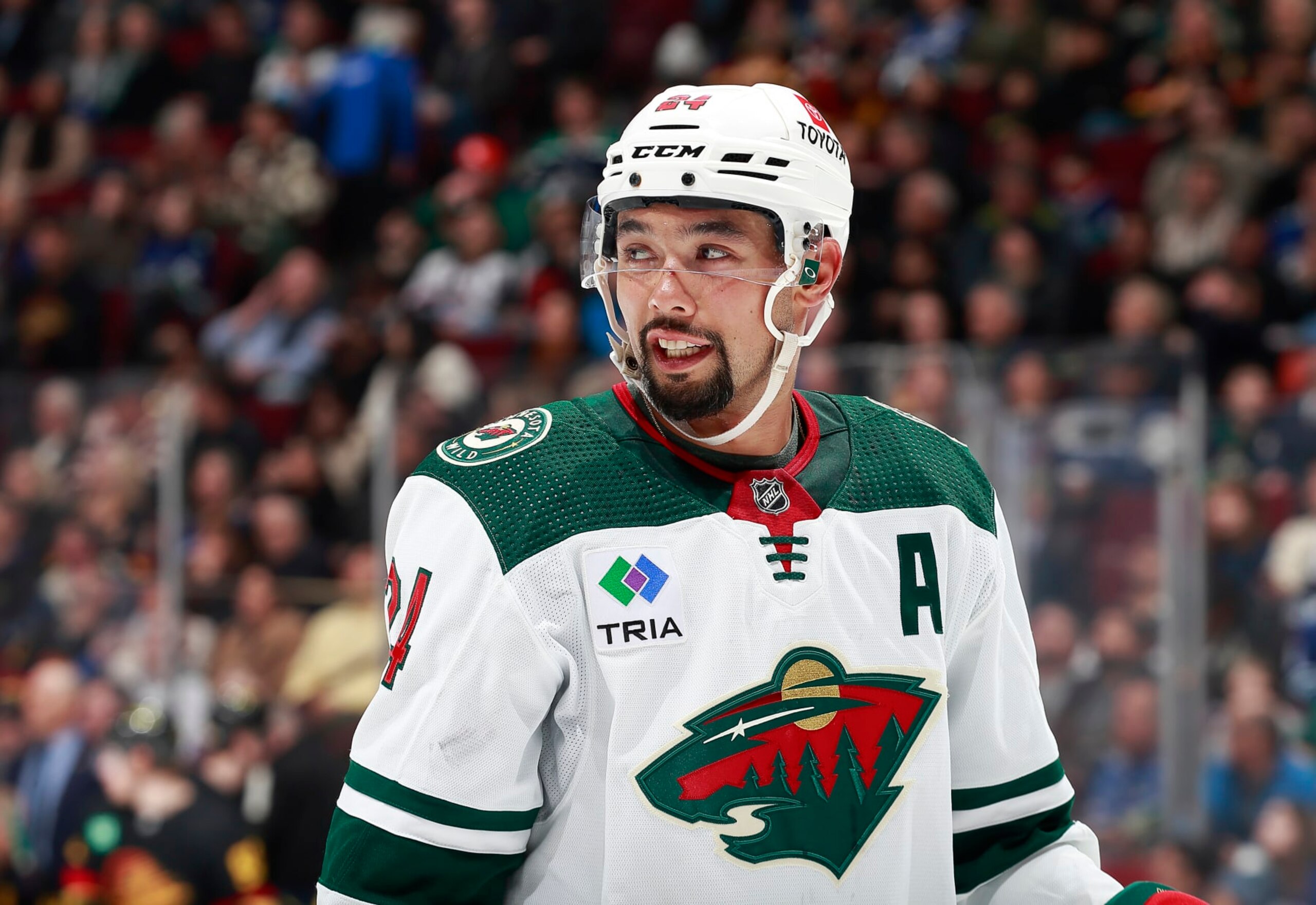VANCOUVER, CANADA - MARCH 2: Matt Dumba #24 of the Minnesota Wild lines up for a face-off during their NHL game against the Vancouver Canucks at Rogers Arena March 2, 2023 in Vancouver, British Columbia, Canada.  (Photo by Jeff Vinnick/NHLI via Getty Images)