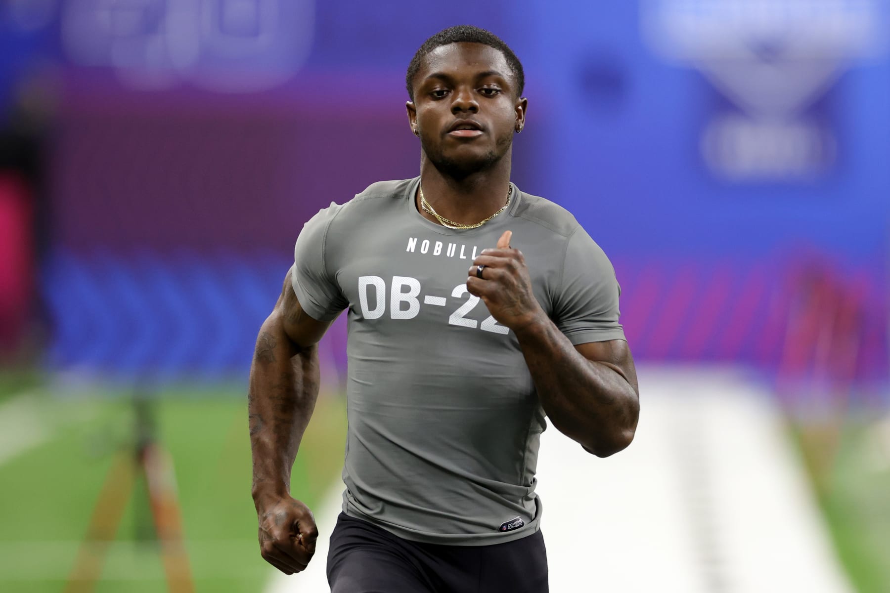 INDIANAPOLIS, INDIANA - MARCH 03: Defensive back Clark Phillips of Utah participates in the 40-yard dash during the NFL Combine during the NFL Combine at Lucas Oil Stadium on March 03, 2023 in Indianapolis, Indiana. (Photo by Stacy Revere/Getty Images)