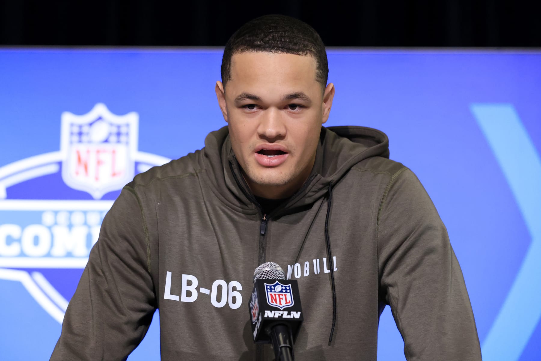 INDIANAPOLIS, INDIANA - MARCH 01: Linebacker Andre Carter II  of Army speaks to the media during the NFL Combine at Lucas Oil Stadium on March 01, 2023 in Indianapolis, Indiana. (Photo by Justin Casterline/Getty Images)