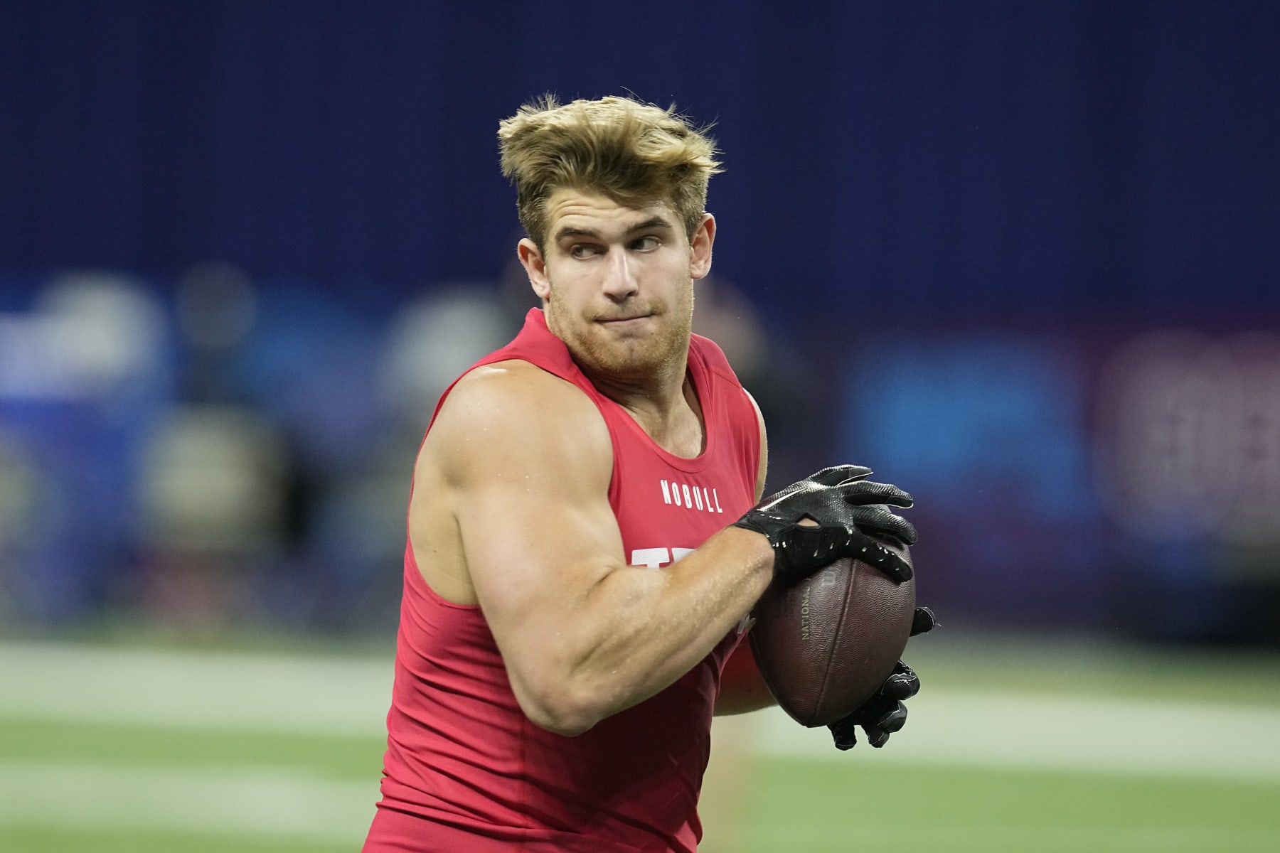 Notre Dame tight end Michael Mayer runs a drill at the NFL football scouting combine in Indianapolis, Saturday, March 4, 2023. (AP Photo/Darron Cummings)
