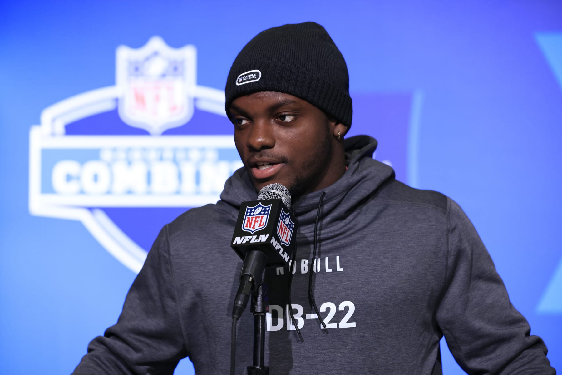 INDIANAPOLIS, INDIANA - MARCH 02: Clark Phillips #DB22 of Utah speaks with the media during the NFL Combine at Lucas Oil Stadium on March 02, 2023 in Indianapolis, Indiana. (Photo by Justin Casterline/Getty Images)