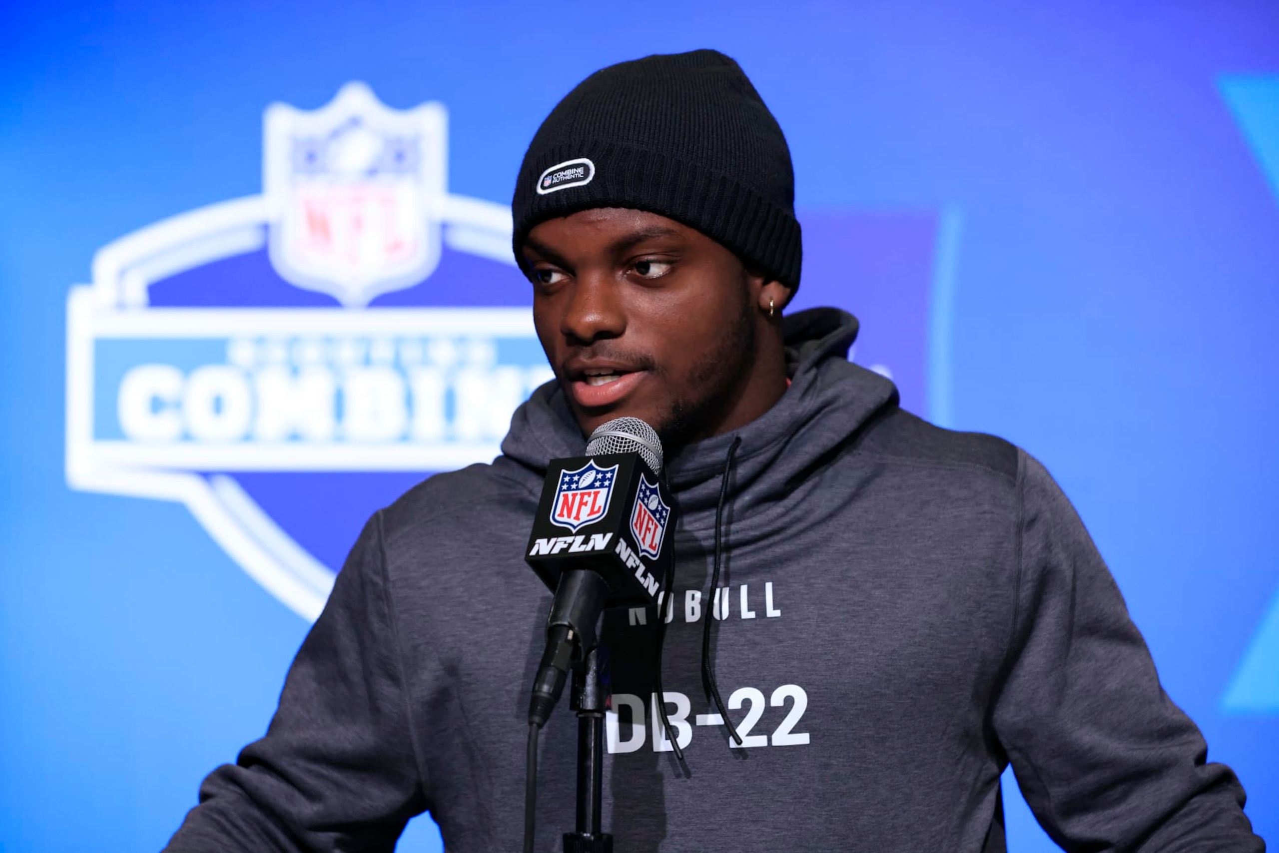 INDIANAPOLIS, INDIANA - MARCH 02: Clark Phillips #DB22 of Utah speaks with the media during the NFL Combine at Lucas Oil Stadium on March 02, 2023 in Indianapolis, Indiana. (Photo by Justin Casterline/Getty Images)
