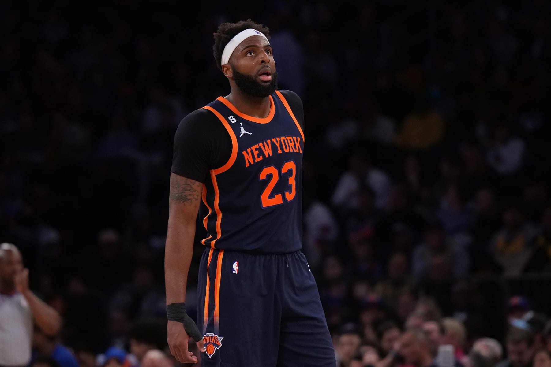 NEW YORK, NEW YORK - FEBRUARY 25: Mitchell Robinson #23 of the New York Knicks in action against the New Orleans Pelicans at Madison Square Garden on February 25, 2023 in New York City. NOTE TO USER: User expressly acknowledges and agrees that, by downloading and or using this Photograph, user is consenting to the terms and conditions of the Getty Images License Agreement. New York Knicks defeated the New Orleans Pelicans 128-106 (Photo by Mike Stobe/Getty Images)