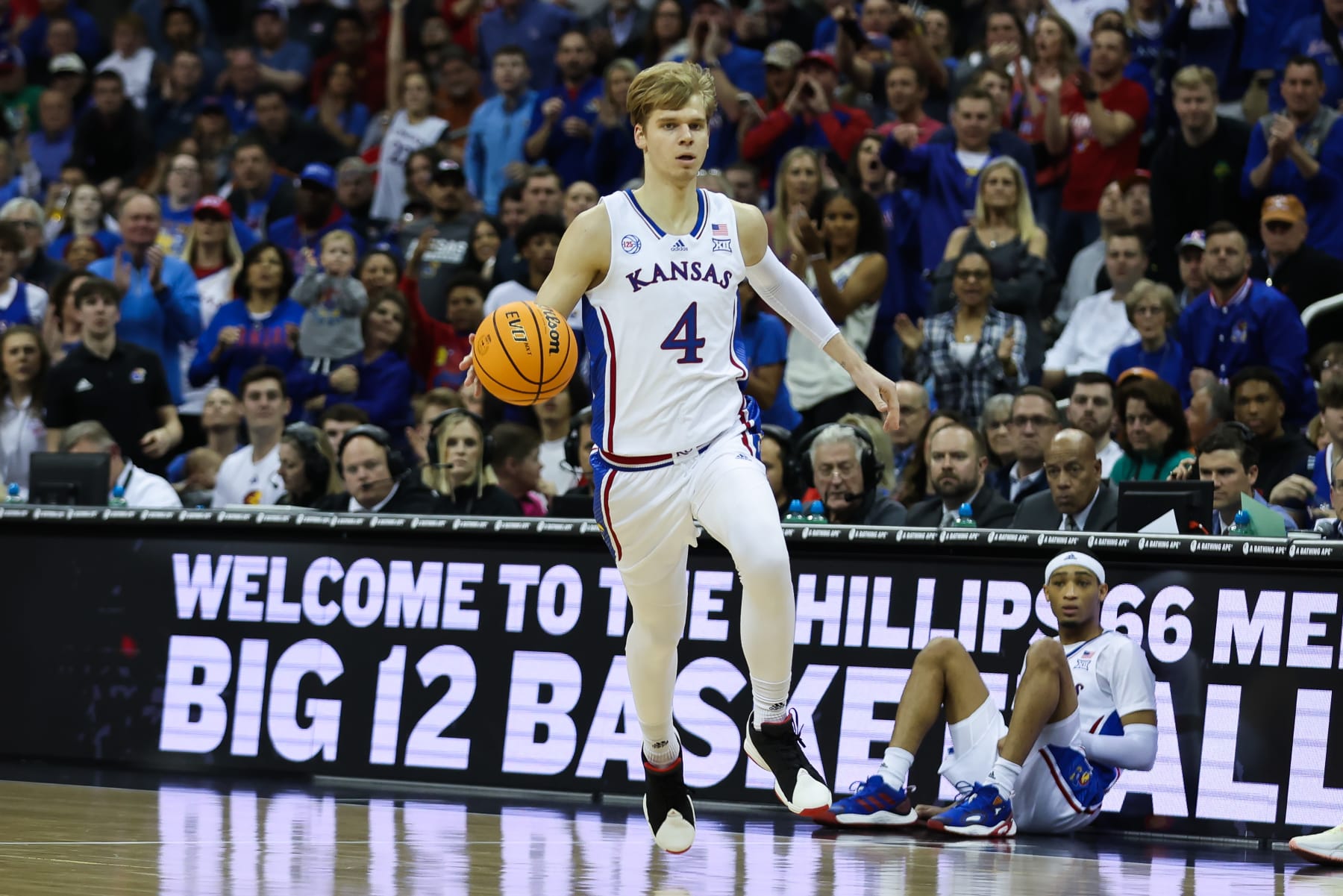 KANSAS CITY, MO - MARCH 11: Kansas Jayhawks guard Gradey Dick (4) brings the ball up court in the first half of the Big 12 basketball tournament championship game between the Texas Longhorns and Kansas Jayhawks on March 11, 2023 at T-Mobile Center in Kansas City, MO. (Photo by Scott Winters/Icon Sportswire via Getty Images)