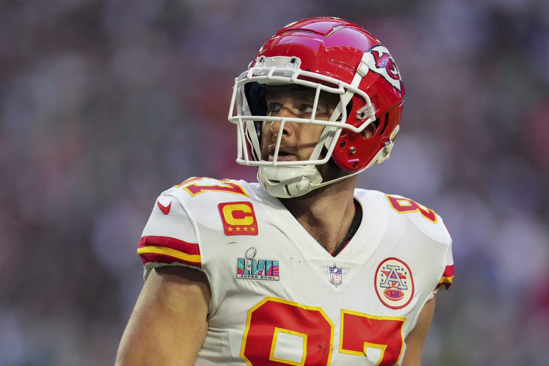 GLENDALE, AZ - FEBRUARY 12: Travis Kelce #87 of the Kansas City Chiefs looks toward the scoreboard against the Philadelphia Eagles after Super Bowl LVII at State Farm Stadium on February 12, 2023 in Glendale, Arizona. The Chiefs defeated the Eagles 38-35. (Photo by Cooper Neill/Getty Images)