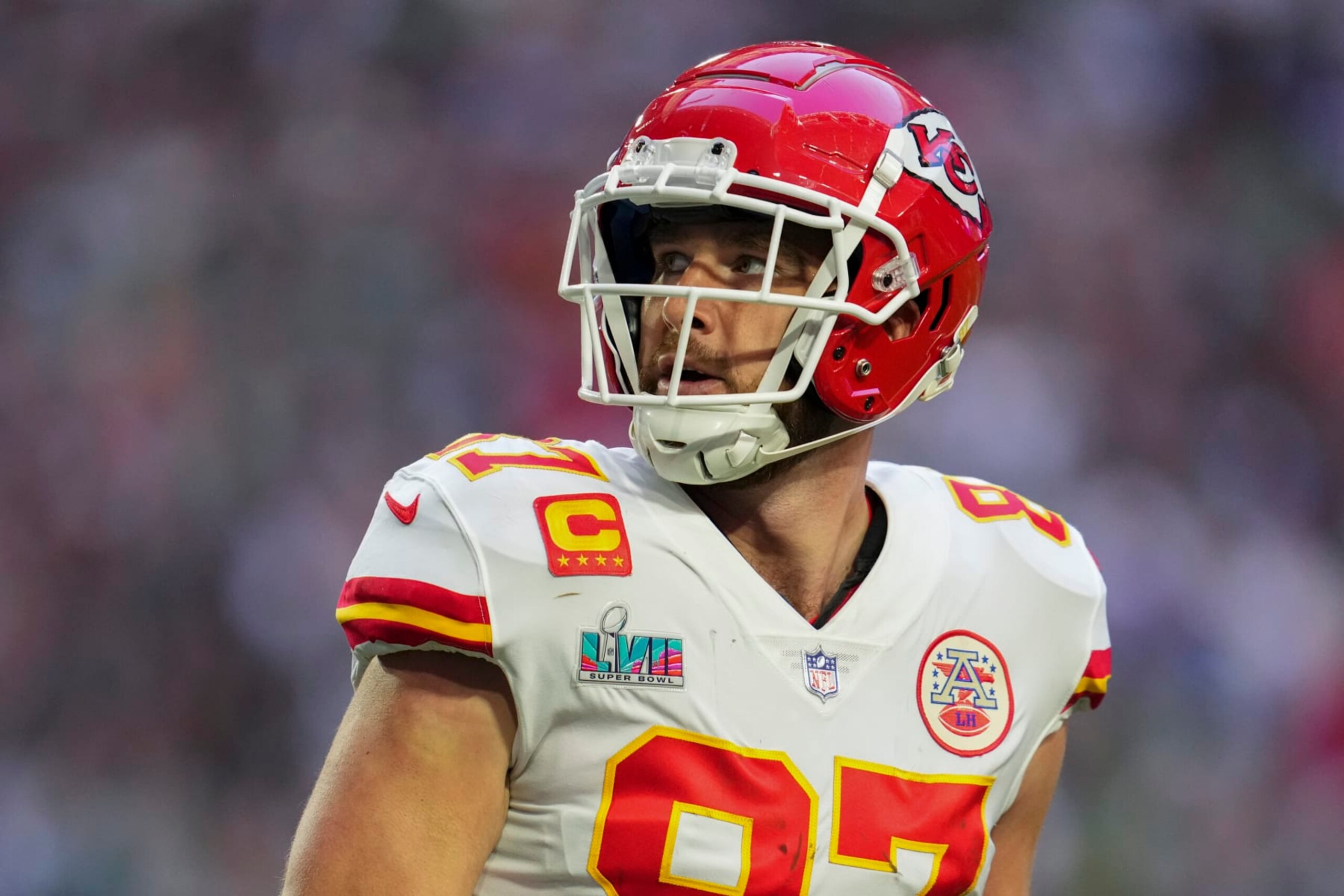 GLENDALE, AZ - FEBRUARY 12: Travis Kelce #87 of the Kansas City Chiefs looks toward the scoreboard against the Philadelphia Eagles after Super Bowl LVII at State Farm Stadium on February 12, 2023 in Glendale, Arizona. The Chiefs defeated the Eagles 38-35. (Photo by Cooper Neill/Getty Images)