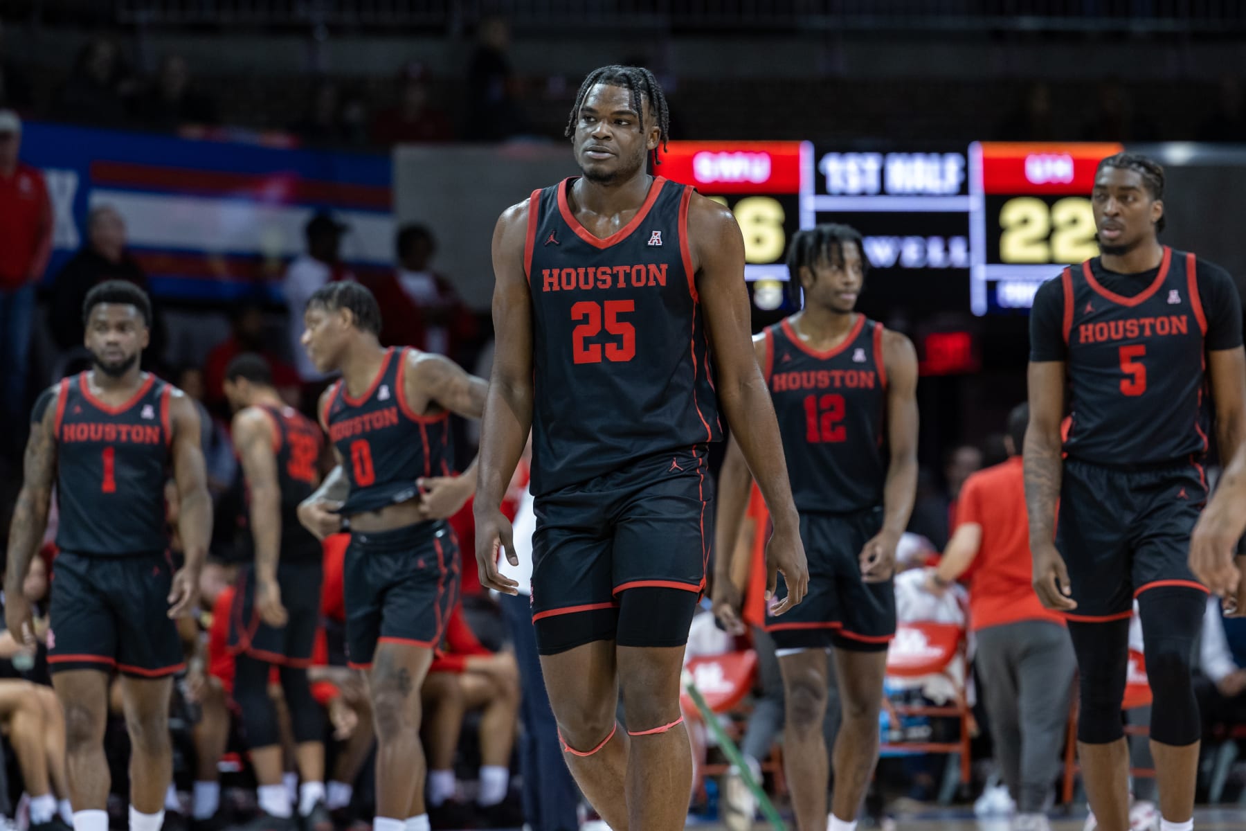 DALLAS, TX - FEBRUARY 16: Houston Cougars forward Jarace Walker (#25) walks back on to the court after a timeout during the college basketball game between the SMU Mustangs and the Houston Cougars on February 16, 2023, at Moody Coliseum in Dallas, TX.  (Photo by Matthew Visinsky/Icon Sportswire via Getty Images)