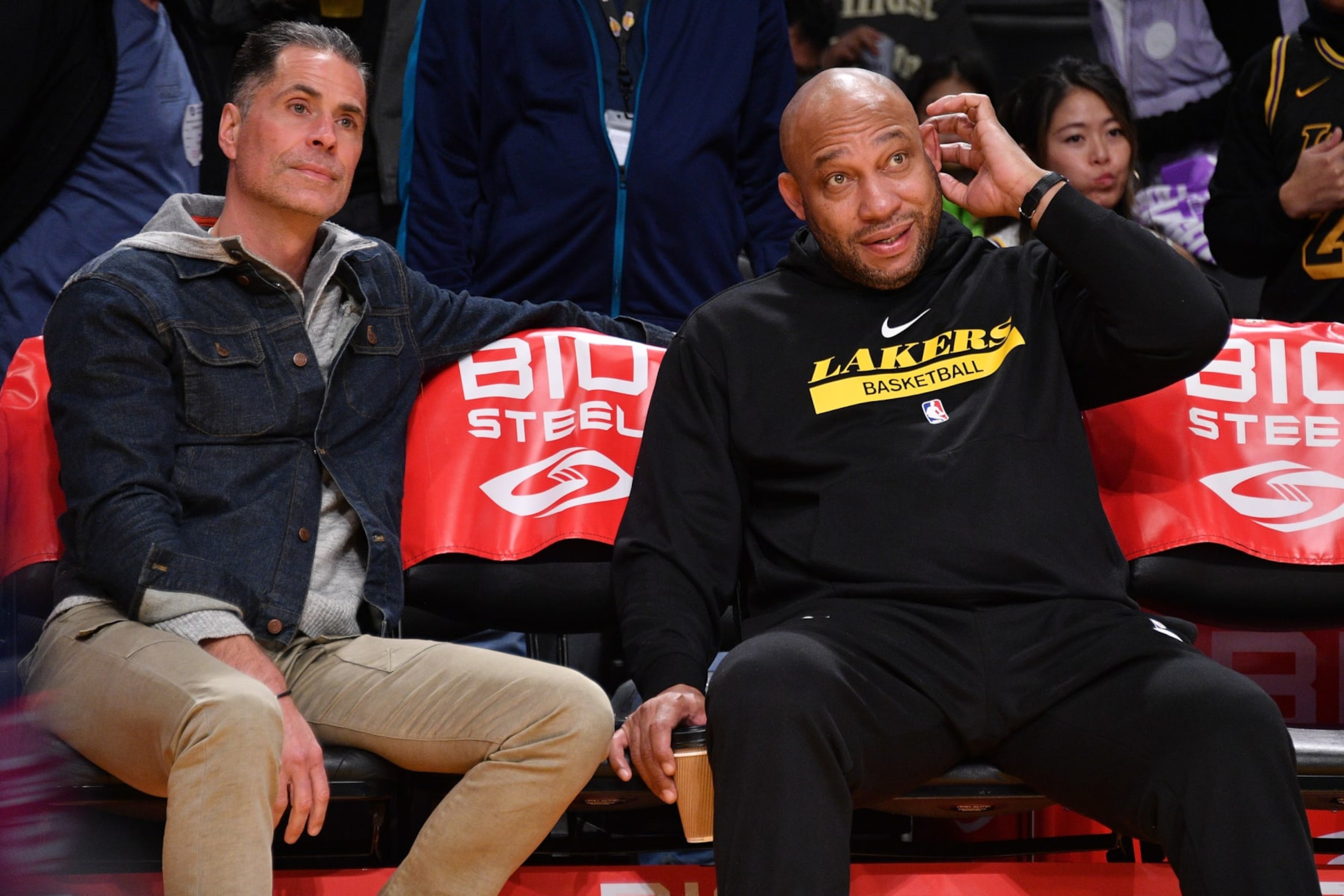 LOS ANGELES, CALIFORNIA - JANUARY 15: Rob Pelinka (L) and Darvin Ham attend a basketball game between the Los Angeles Lakers and the Philadelphia 76ers at Crypto.com Arena on January 15, 2023 in Los Angeles, California. (Photo by Allen Berezovsky/Getty Images) LOS ANGELES, CALIFORNIA - JANUARY 15: Rob Pelinka (L) and Darvin Ham attend a basketball game between the Los Angeles Lakers and the Philadelphia 76ers at Crypto.com Arena on January 15, 2023 in Los Angeles, California. (Photo by Allen Berezovsky/Getty Images)