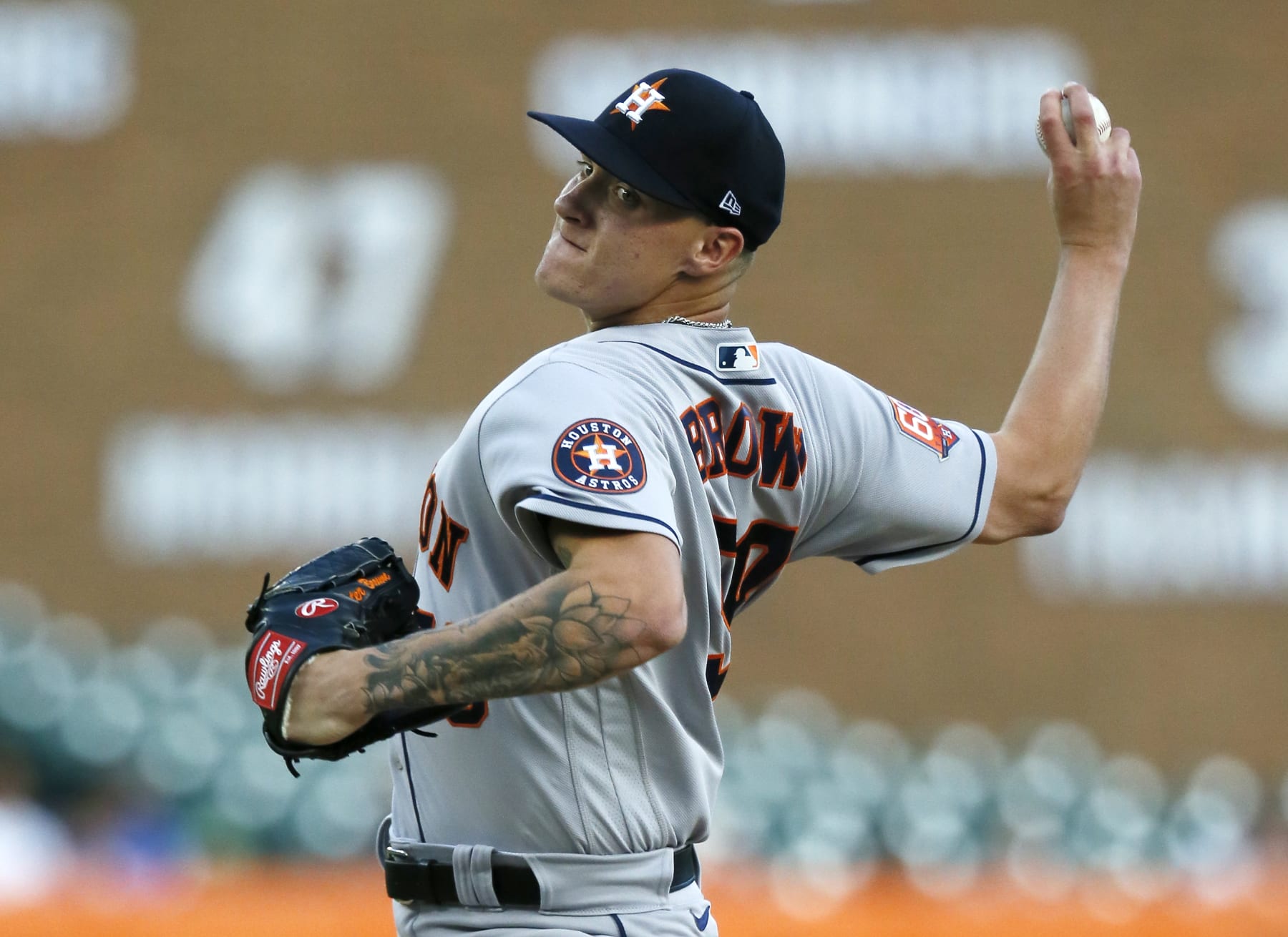 DETROIT, MI -  SEPTEMBER 13:  Hunter Brown #58 of the Houston Astros pitches against the Detroit Tigers during the second inning at Comerica Park on September 13, 2022, in Detroit, Michigan. (Photo by Duane Burleson/Getty Images)
