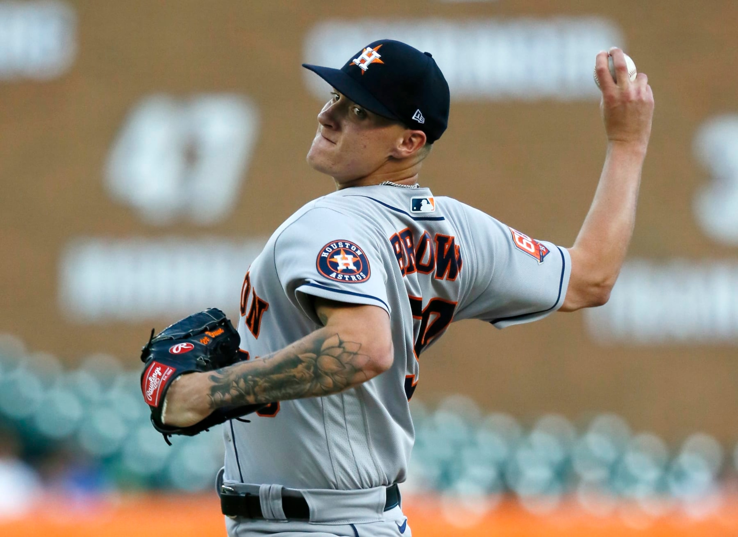 DETROIT, MI -  SEPTEMBER 13:  Hunter Brown #58 of the Houston Astros pitches against the Detroit Tigers during the second inning at Comerica Park on September 13, 2022, in Detroit, Michigan. (Photo by Duane Burleson/Getty Images)