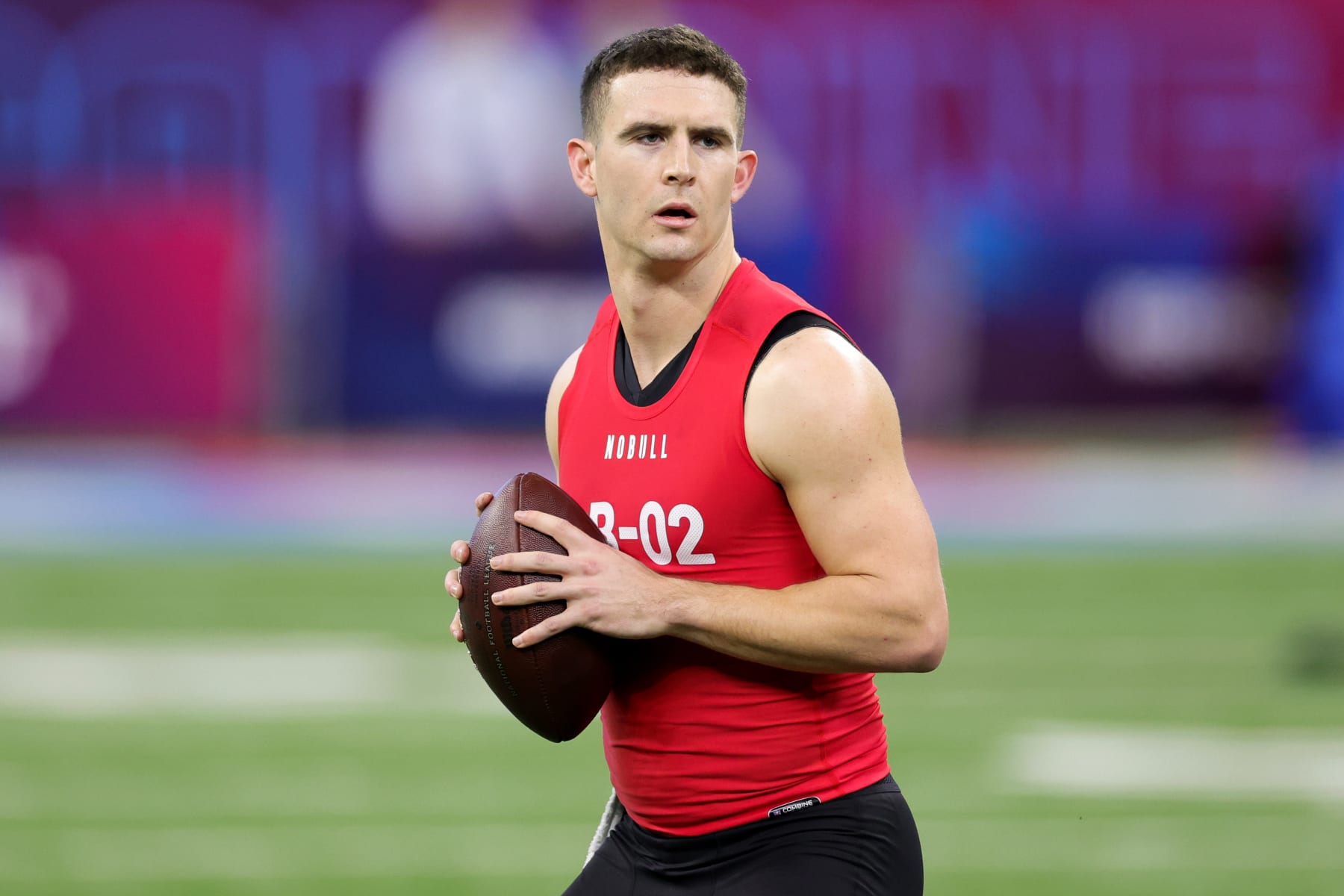 INDIANAPOLIS, INDIANA - MARCH 04: Quarterback Stetson Bennett of Georgia participates in a drill during the NFL Combine at Lucas Oil Stadium on March 04, 2023 in Indianapolis, Indiana. (Photo by Stacy Revere/Getty Images)