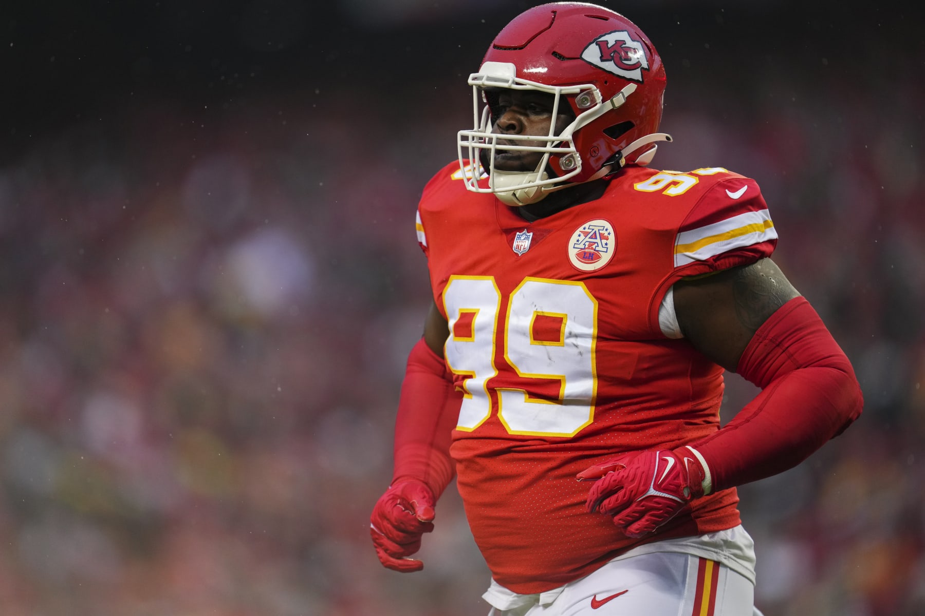KANSAS CITY, MO - JANUARY 21: Khalen Saunders #99 of the Kansas City Chiefs runs off of the field against the Jacksonville Jaguars at GEHA Field at Arrowhead Stadium on January 21, 2023 in Kansas City, Missouri. (Photo by Cooper Neill/Getty Images)