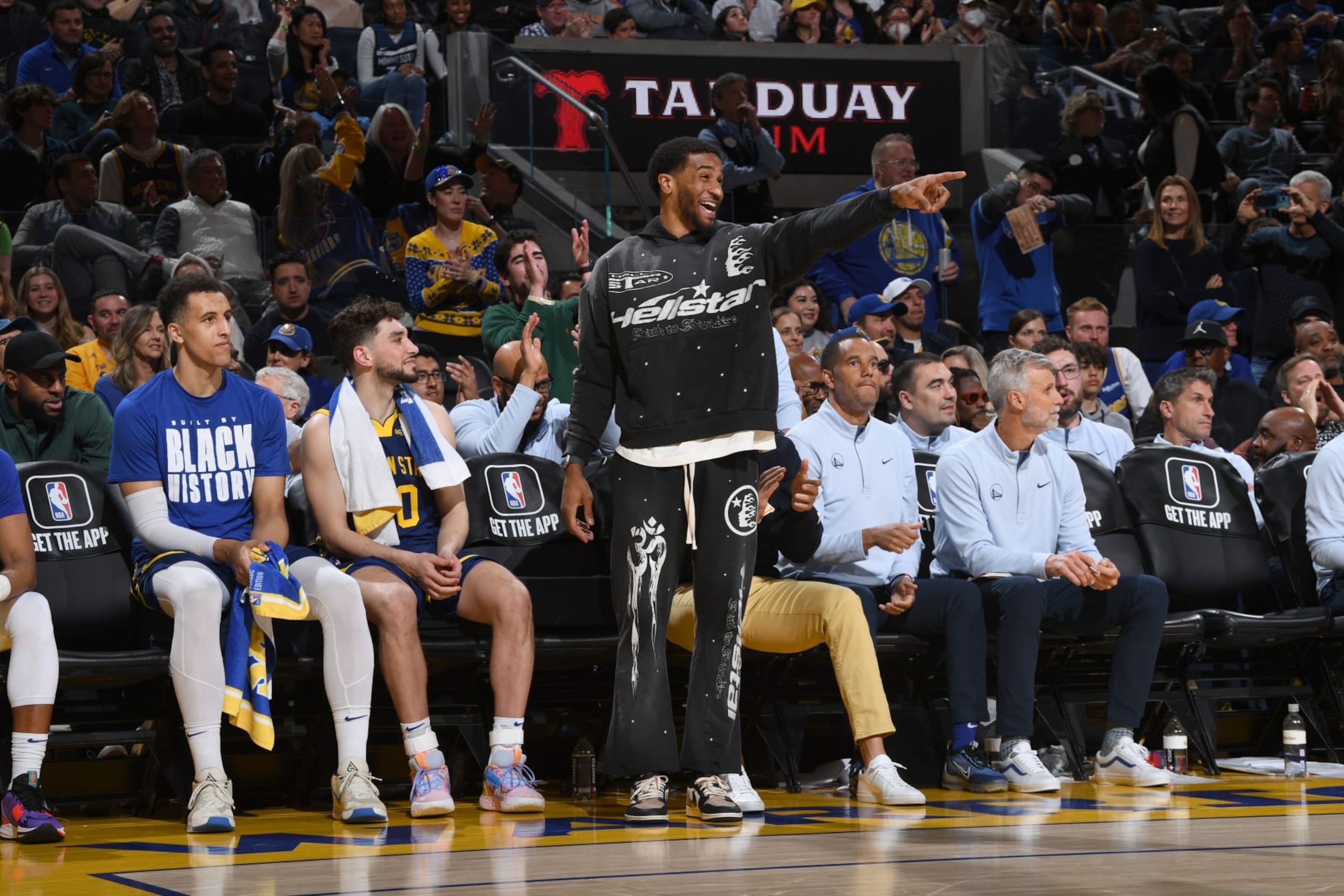SAN FRANCISCO, CA - FEBRUARY 26: Gary Payton II of the Golden State Warriors celebrates during the game against the Minnesota Timberwolves  on February 26, 2023 at Chase Center in San Francisco, California. NOTE TO USER: User expressly acknowledges and agrees that, by downloading and or using this photograph, user is consenting to the terms and conditions of Getty Images License Agreement. Mandatory Copyright Notice: Copyright 2023 NBAE (Photo by Noah Graham/NBAE via Getty Images)