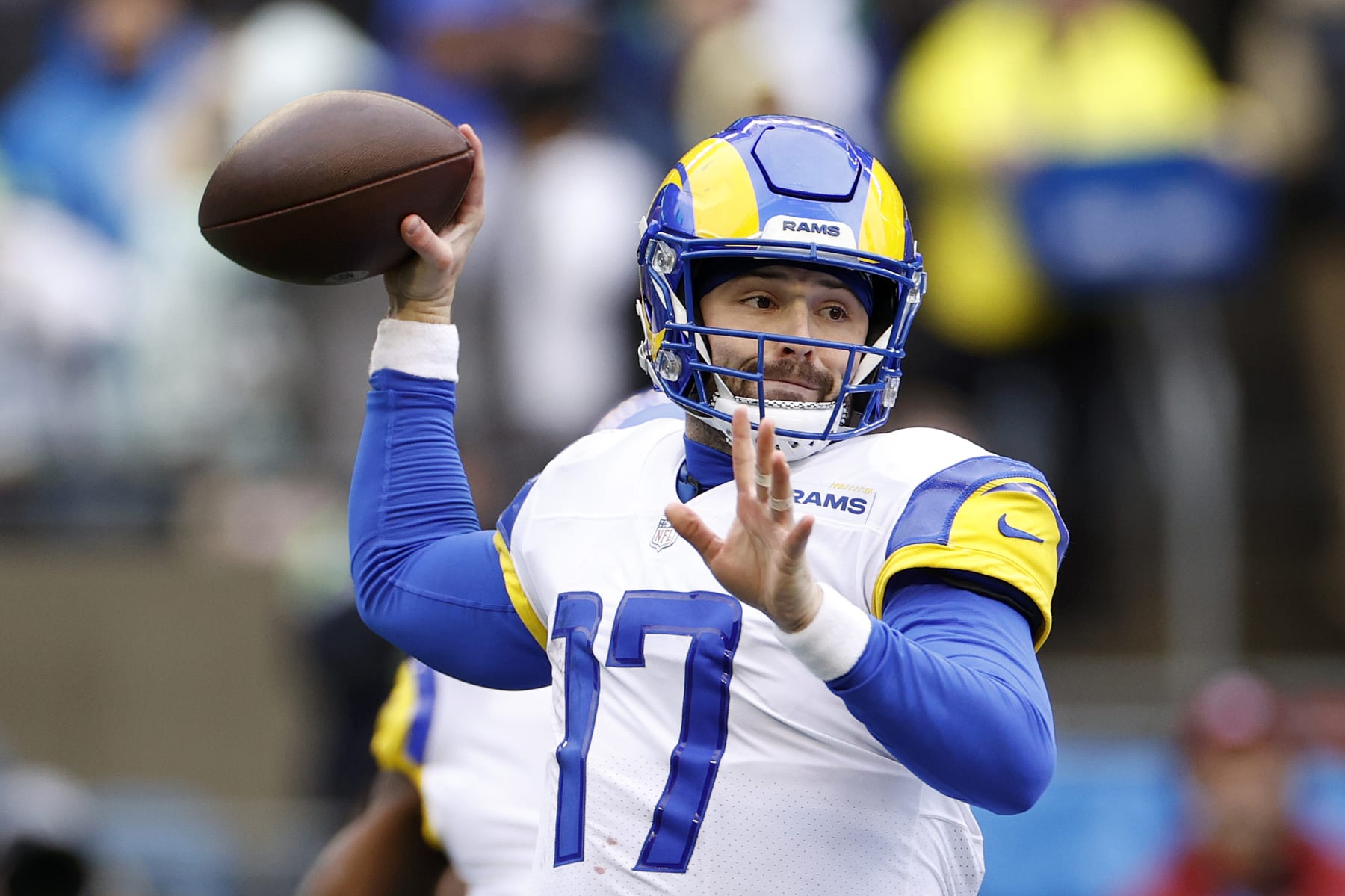 SEATTLE, WASHINGTON - JANUARY 08: Baker Mayfield #17 of the Los Angeles Rams passes during the first quarter against the Seattle Seahawks at Lumen Field on January 08, 2023 in Seattle, Washington. (Photo by Steph Chambers/Getty Images)