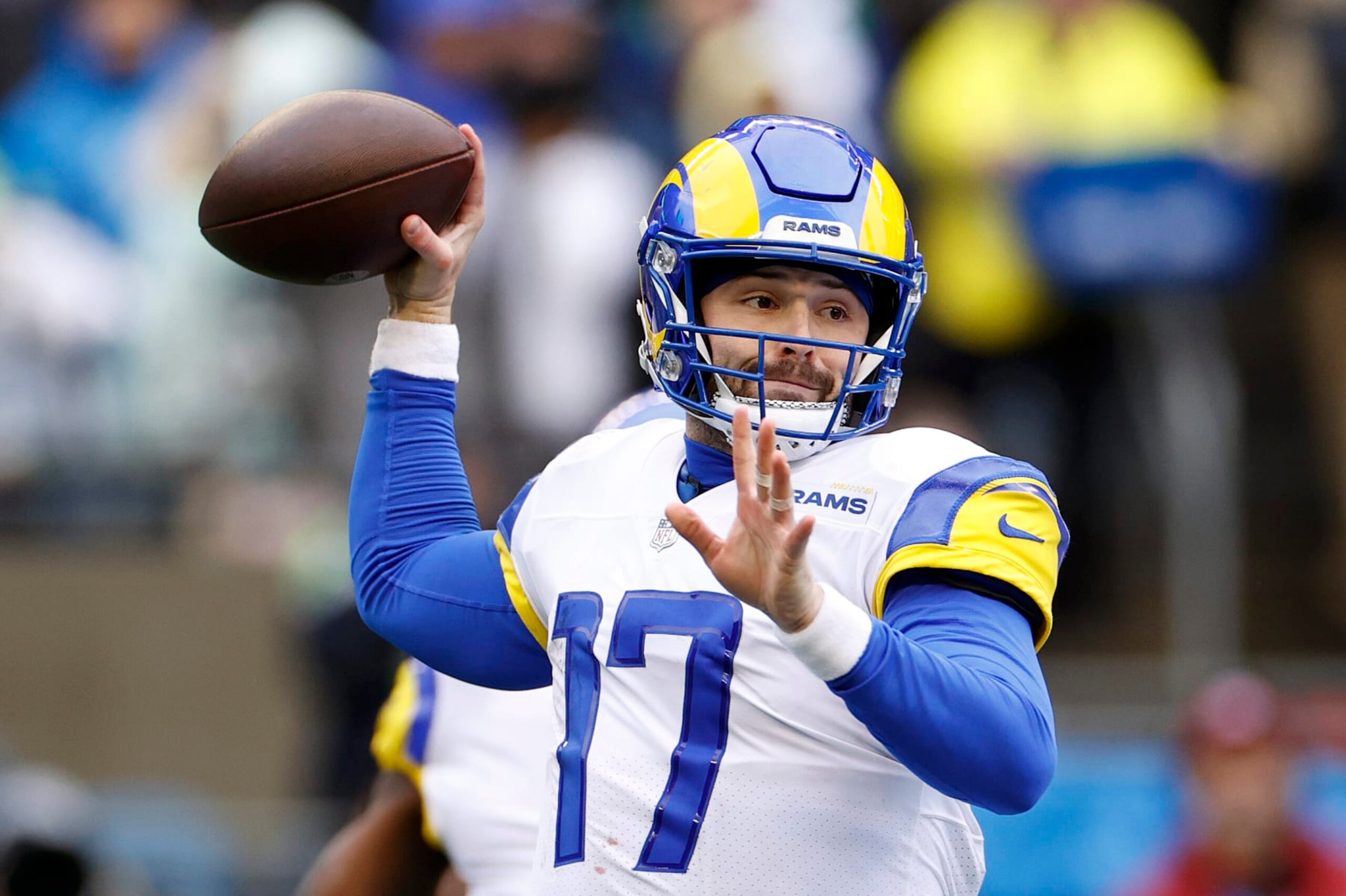 SEATTLE, WASHINGTON - JANUARY 08: Baker Mayfield #17 of the Los Angeles Rams passes during the first quarter against the Seattle Seahawks at Lumen Field on January 08, 2023 in Seattle, Washington. (Photo by Steph Chambers/Getty Images)