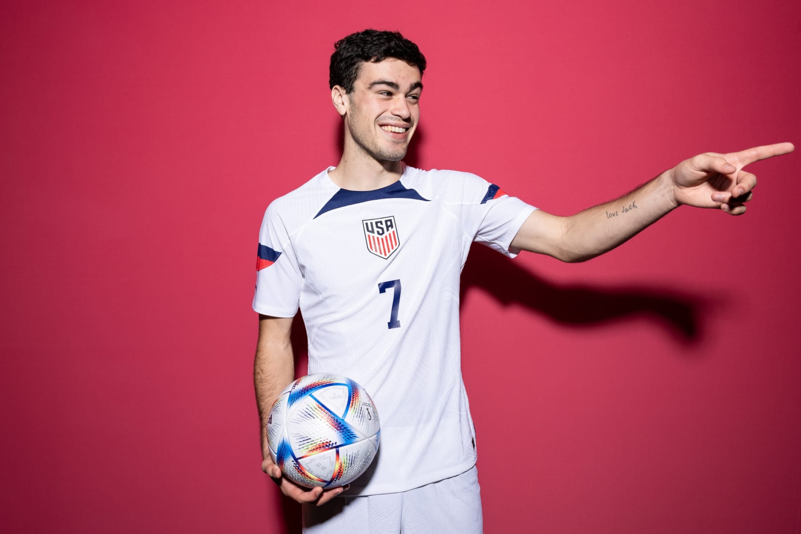 DOHA, QATAR - NOVEMBER 15: Giovanni Reyna of United States poses during the official FIFA World Cup Qatar 2022 portrait session at  on November 15, 2022 in Doha, Qatar. (Photo by Patrick Smith - FIFA/FIFA via Getty Images)