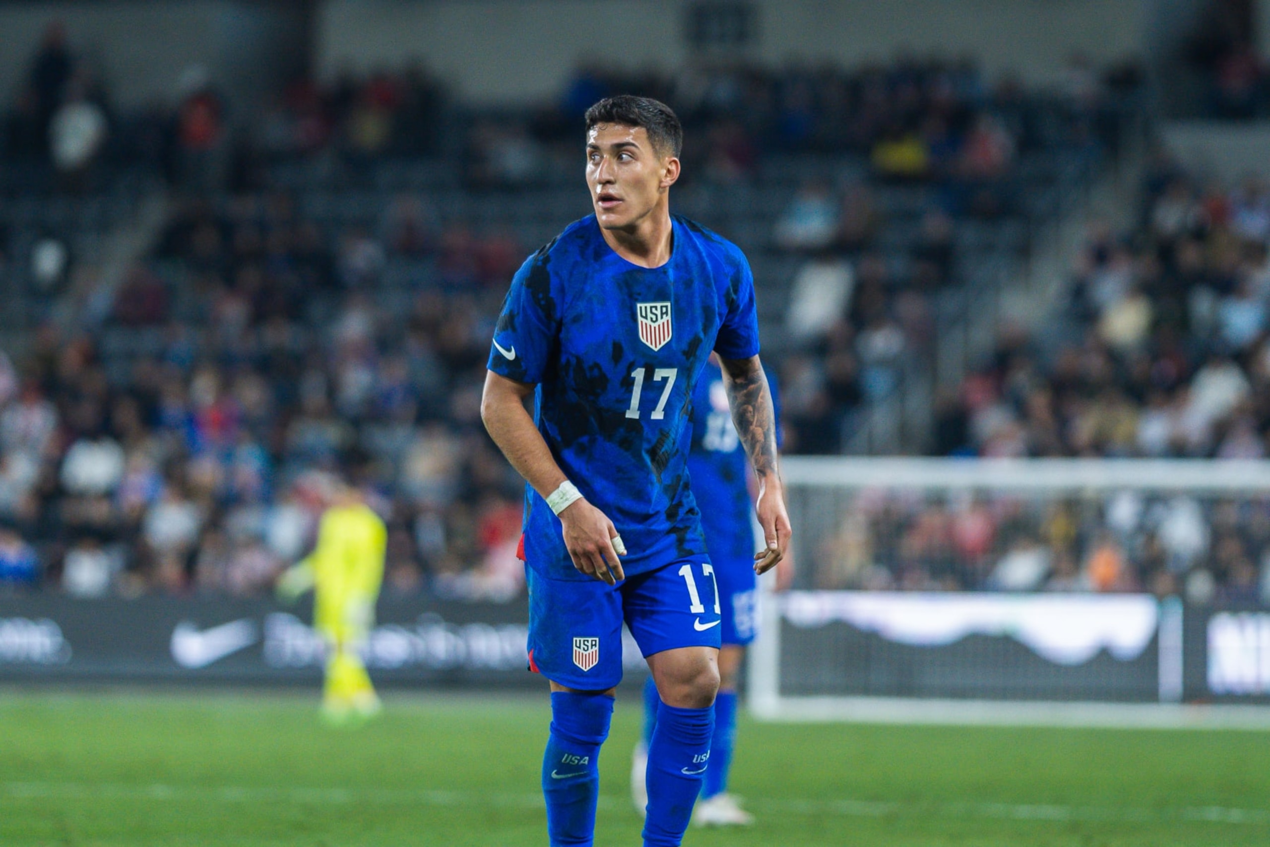 LOS ANGELES, CA - JANUARY 25: USMNT forward Alejandro Zendejas #17 during the friendly match between Serbia and USMNT at BMO Stadium on January 25, 2023 in Los Angeles, CA. (Photo by Rich Gordon/ISI Photos/Getty Images)