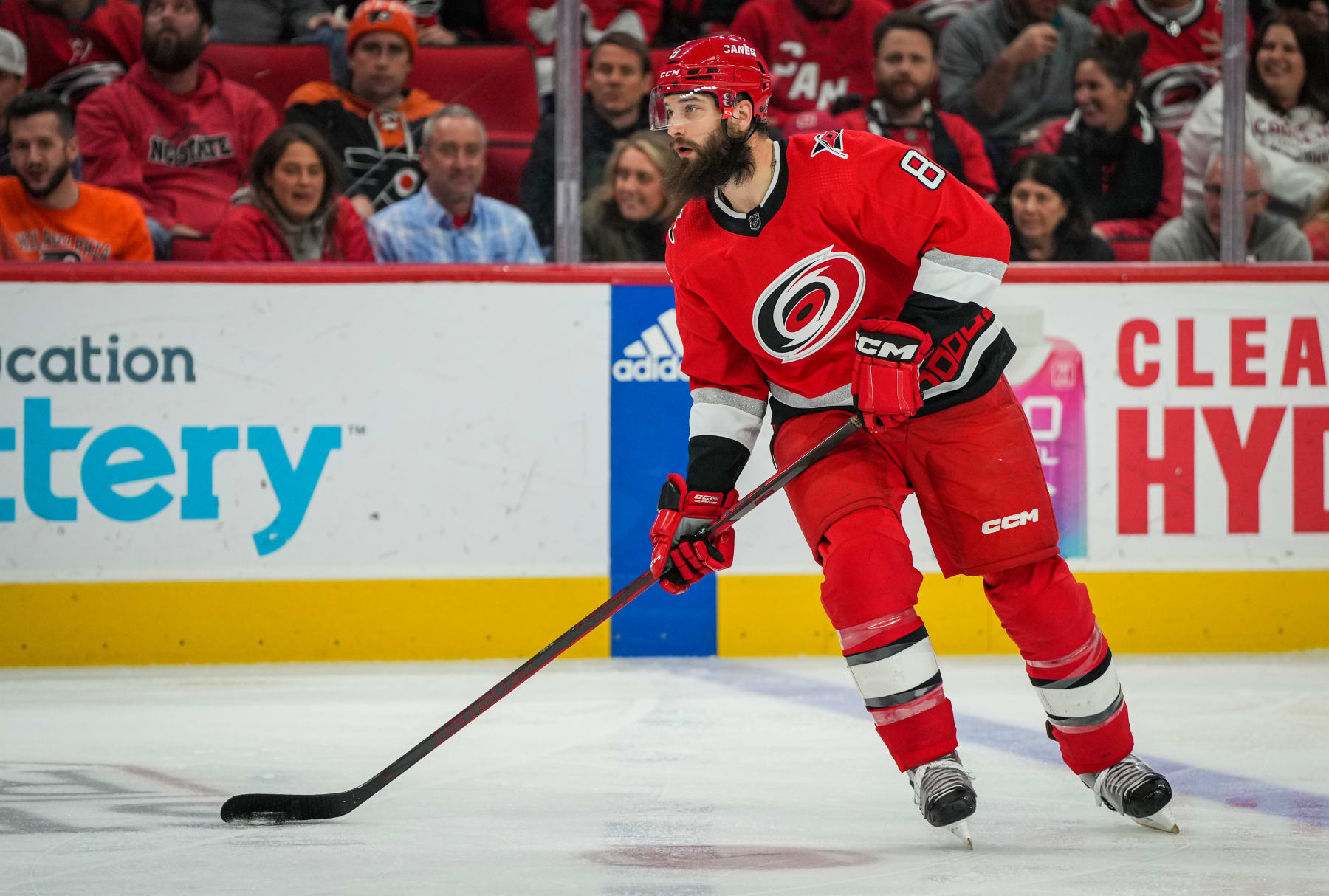 RALEIGH, NORTH CAROLINA - MARCH 09: Brent Burns #8 of the Carolina Hurricanes skates during the second period against the Philadelphia Flyers at PNC Arena on March 09, 2023 in Raleigh, North Carolina. (Photo by Josh Lavallee/NHLI via Getty Images)