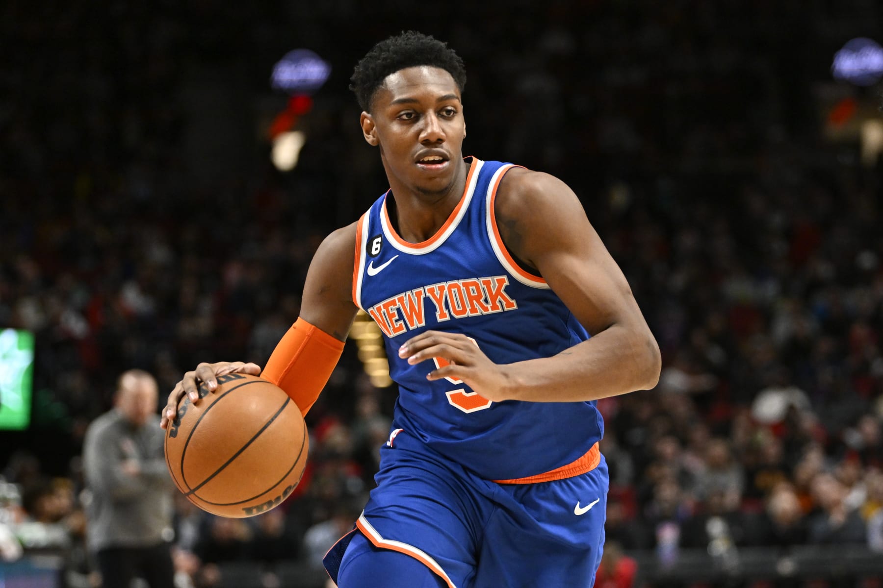 PORTLAND, OREGON - MARCH 14: RJ Barrett #9 of the New York Knicks dribbles during the third quarter against the Portland Trail Blazers at Moda Center on March 14, 2023 in Portland, Oregon. The New York Knicks won 123-107. NOTE TO USER: User expressly acknowledges and agrees that, by downloading and or using this photograph, User is consenting to the terms and conditions of the Getty Images License Agreement. (Photo by Alika Jenner/Getty Images)