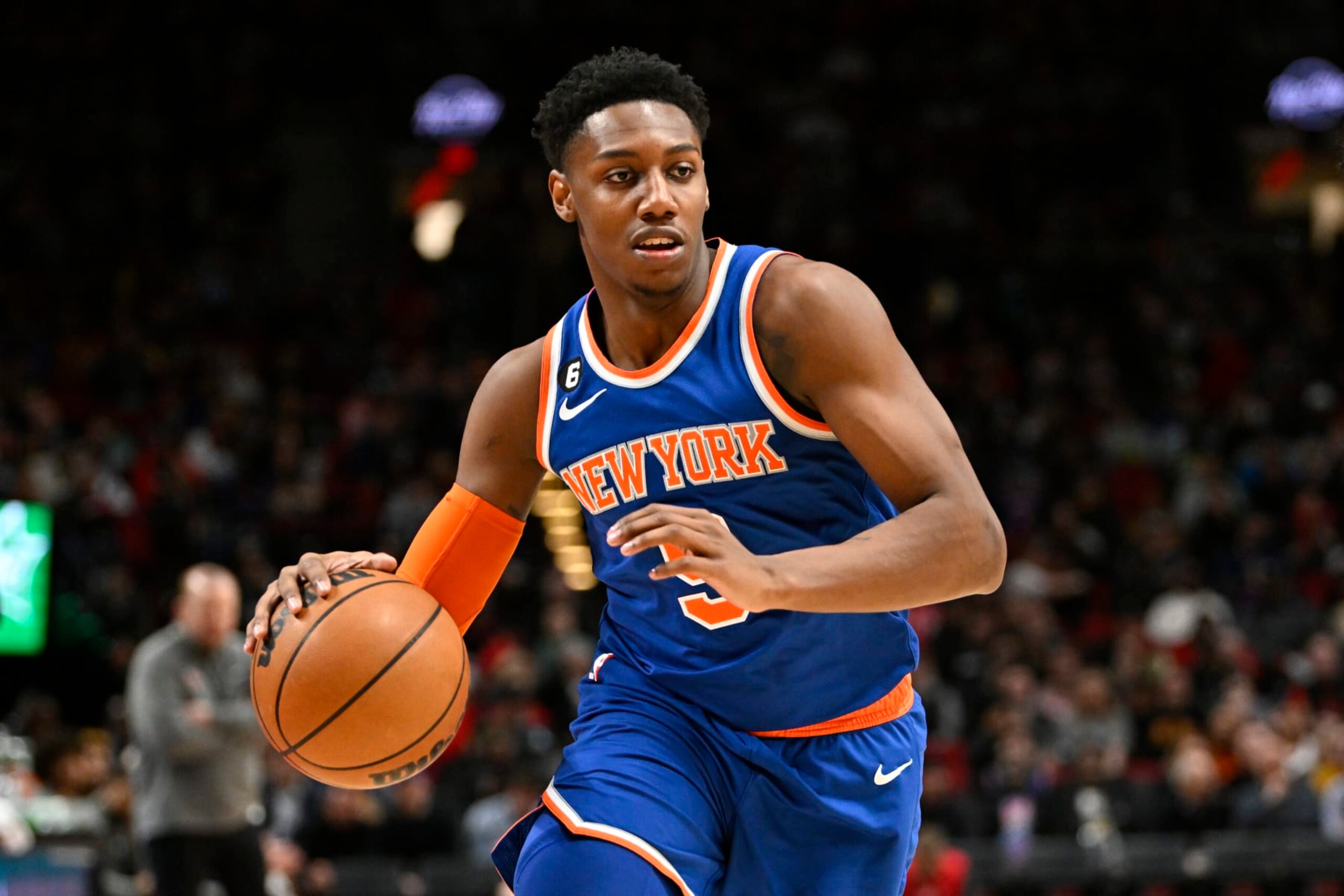 PORTLAND, OREGON - MARCH 14: RJ Barrett #9 of the New York Knicks dribbles during the third quarter against the Portland Trail Blazers at Moda Center on March 14, 2023 in Portland, Oregon. The New York Knicks won 123-107. NOTE TO USER: User expressly acknowledges and agrees that, by downloading and or using this photograph, User is consenting to the terms and conditions of the Getty Images License Agreement. (Photo by Alika Jenner/Getty Images)