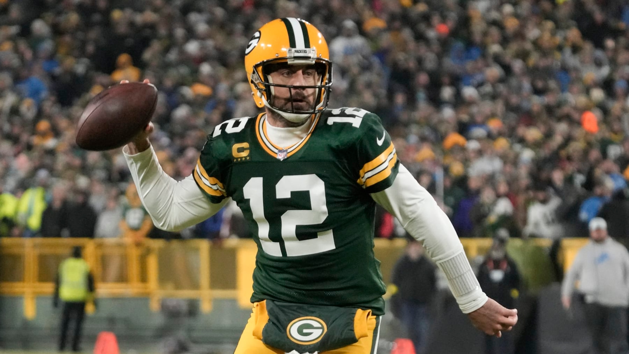 Green Bay Packers' Aaron Rodgers during the first half of an NFL football game against the Detroit LionsSunday, Jan. 8, 2023, in Green Bay, Wis. (AP Photo/Morry Gash)