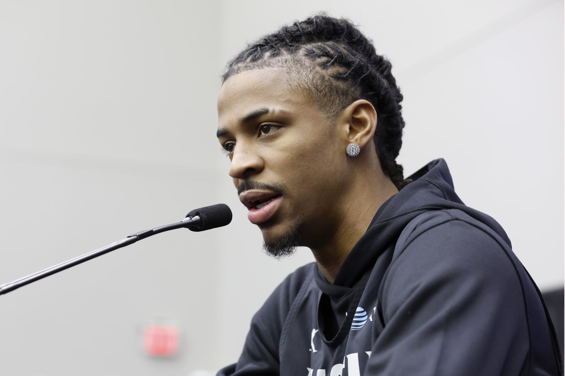 SALT LAKE CITY, UT - FEBRUARY 18: Ja Morant #12 of the Memphis Grizzlies talks to the press during media availability at NBA All-Star Practice presented by AT&T as part of 2023 NBA All Star Weekend on Saturday, February 18, 2023 at the Jon M. Huntsman Center in Salt Lake City, Utah. NOTE TO USER: User expressly acknowledges and agrees that, by downloading and/or using this Photograph, user is consenting to the terms and conditions of the Getty Images License Agreement. Mandatory Copyright Notice: Copyright 2023 NBAE (Photo by Tyler Kaufman/NBAE via Getty Images)