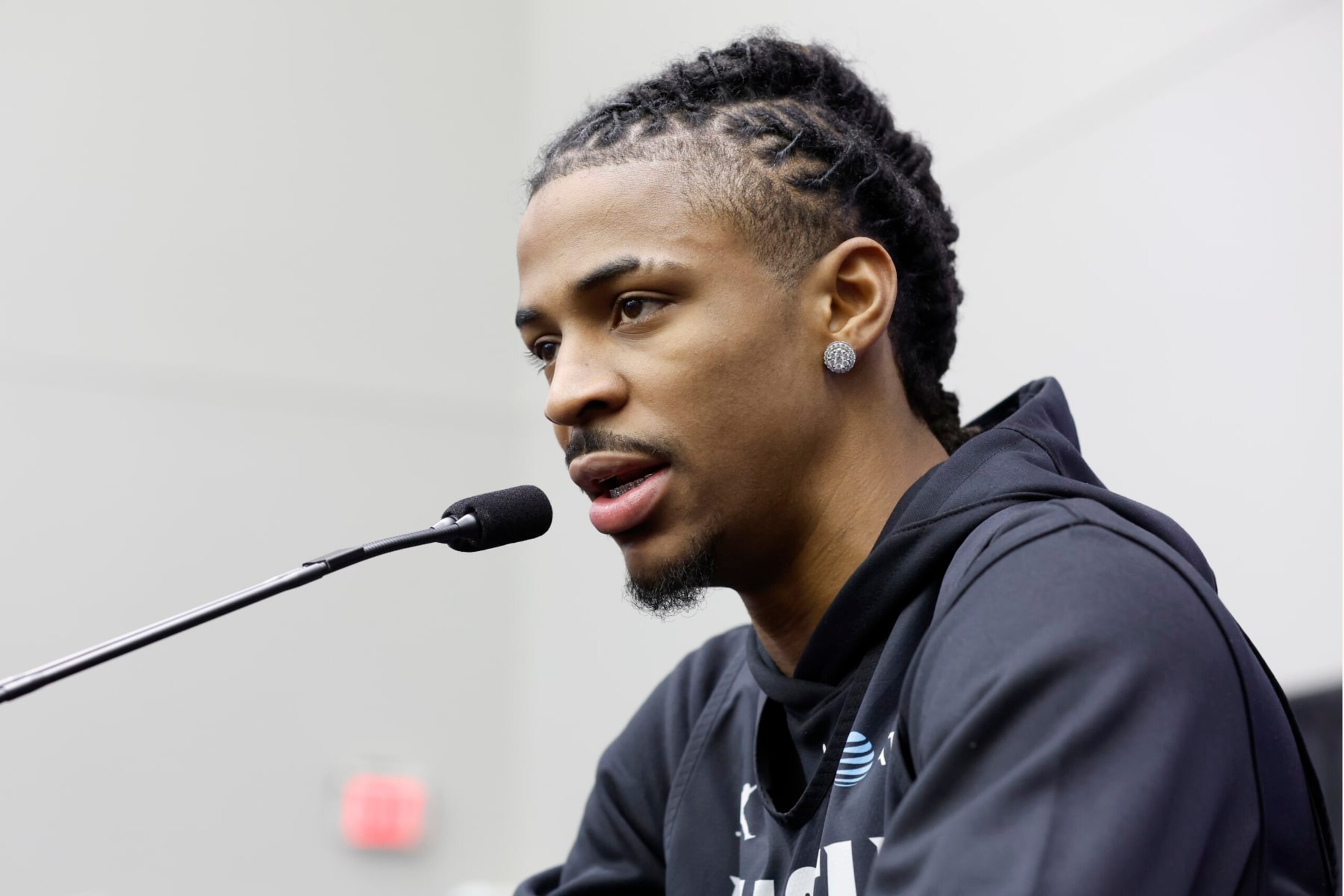SALT LAKE CITY, UT - FEBRUARY 18: Ja Morant #12 of the Memphis Grizzlies talks to the press during media availability at NBA All-Star Practice presented by AT&T as part of 2023 NBA All Star Weekend on Saturday, February 18, 2023 at the Jon M. Huntsman Center in Salt Lake City, Utah. NOTE TO USER: User expressly acknowledges and agrees that, by downloading and/or using this Photograph, user is consenting to the terms and conditions of the Getty Images License Agreement. Mandatory Copyright Notice: Copyright 2023 NBAE (Photo by Tyler Kaufman/NBAE via Getty Images)