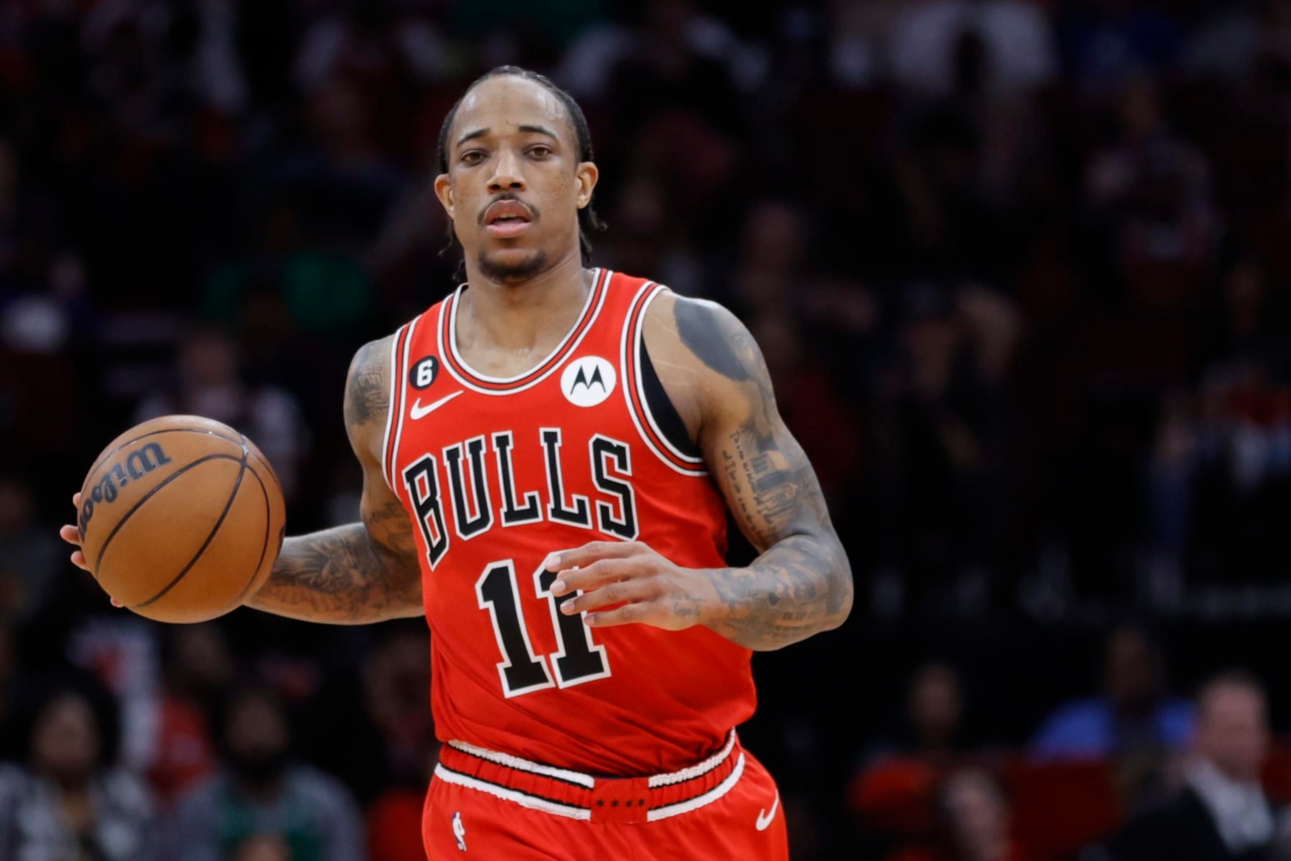 HOUSTON, TEXAS - MARCH 11: DeMar DeRozan #11 of the Chicago Bulls in action against the Houston Rockets during the first half at Toyota Center on March 11, 2023 in Houston, Texas. NOTE TO USER: User expressly acknowledges and agrees that, by downloading and or using this photograph, User is consenting to the terms and conditions of the Getty Images License Agreement. (Photo by Carmen Mandato/Getty Images)