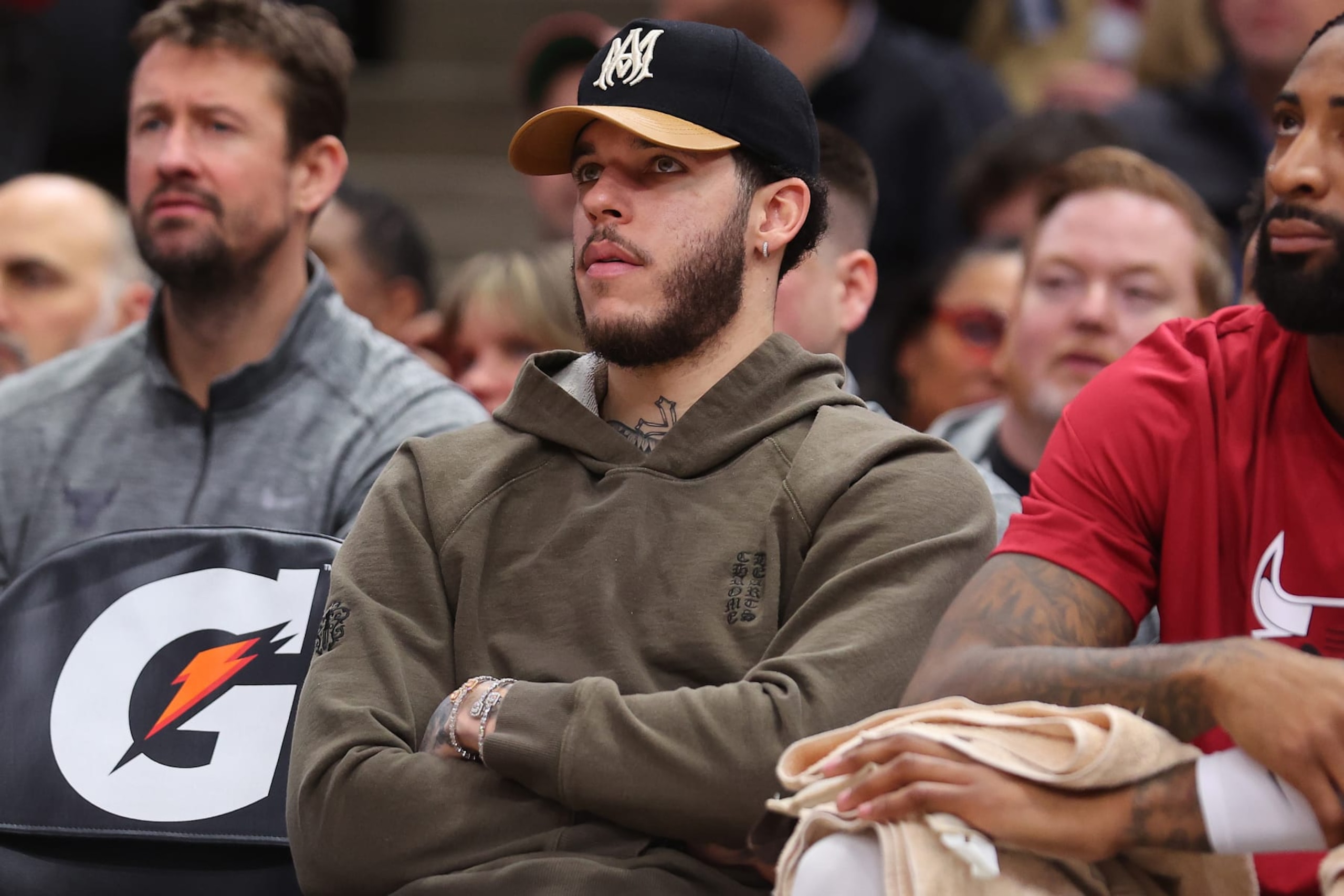 CHICAGO, ILLINOIS - JANUARY 13: Lonzo Ball #2 of the Chicago Bulls looks on against the Oklahoma City Thunder during the first half at United Center on January 13, 2023 in Chicago, Illinois. NOTE TO USER: User expressly acknowledges and agrees that, by downloading and or using this photograph, User is consenting to the terms and conditions of the Getty Images License Agreement. (Photo by Michael Reaves/Getty Images)