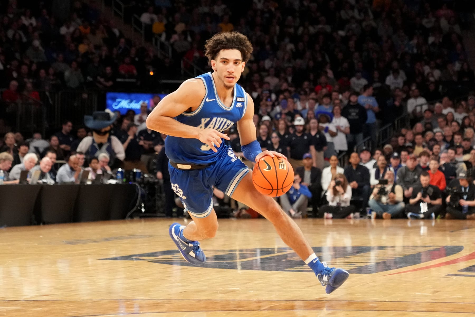 NEW YORK, NEW YORK - MARCH 11:  Colby Jones #3 of the Xavier Musketeers dribbles the ball during the Big East Basketball Tournament Championship against the Marquette Golden Eagles at Madison Square Garden on March 11, 2023 in New York City.  (Photo by Mitchell Layton/Getty Images)