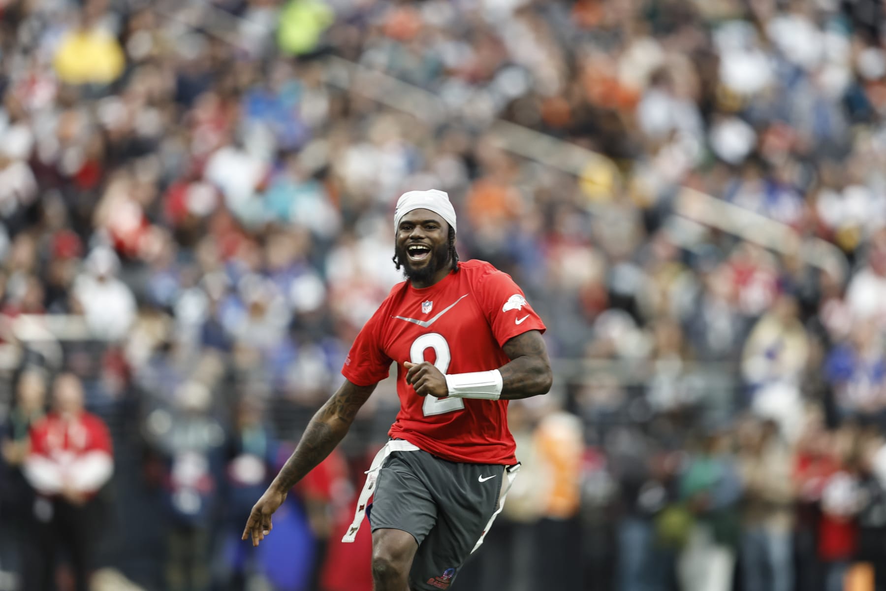 LAS VEGAS, NEVADA - FEBRUARY 05: LAS VEGAS, NEVADA - FEBRUARY 05: AFC quarterback Tyler Huntley #2 of the Baltimore Ravens reacts during an NFL Pro Bowl football game at Allegiant Stadium on February 05, 2023 in Las Vegas, Nevada. (Photo by Michael Owens/Getty Images)
