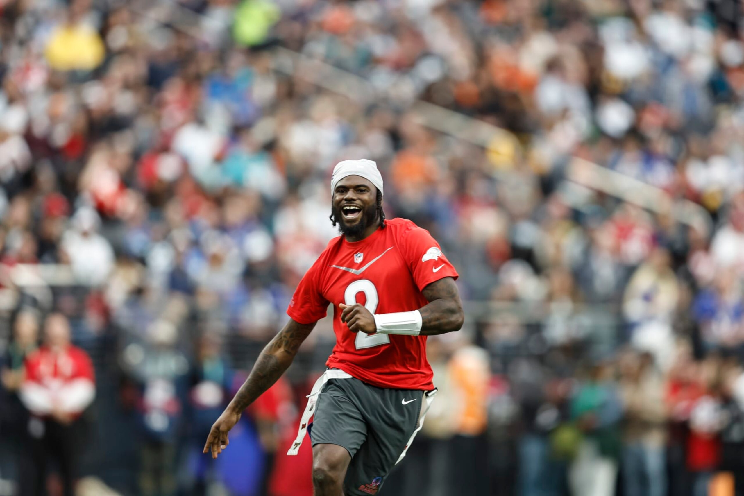 LAS VEGAS, NEVADA - FEBRUARY 05: LAS VEGAS, NEVADA - FEBRUARY 05: AFC quarterback Tyler Huntley #2 of the Baltimore Ravens reacts during an NFL Pro Bowl football game at Allegiant Stadium on February 05, 2023 in Las Vegas, Nevada. (Photo by Michael Owens/Getty Images)