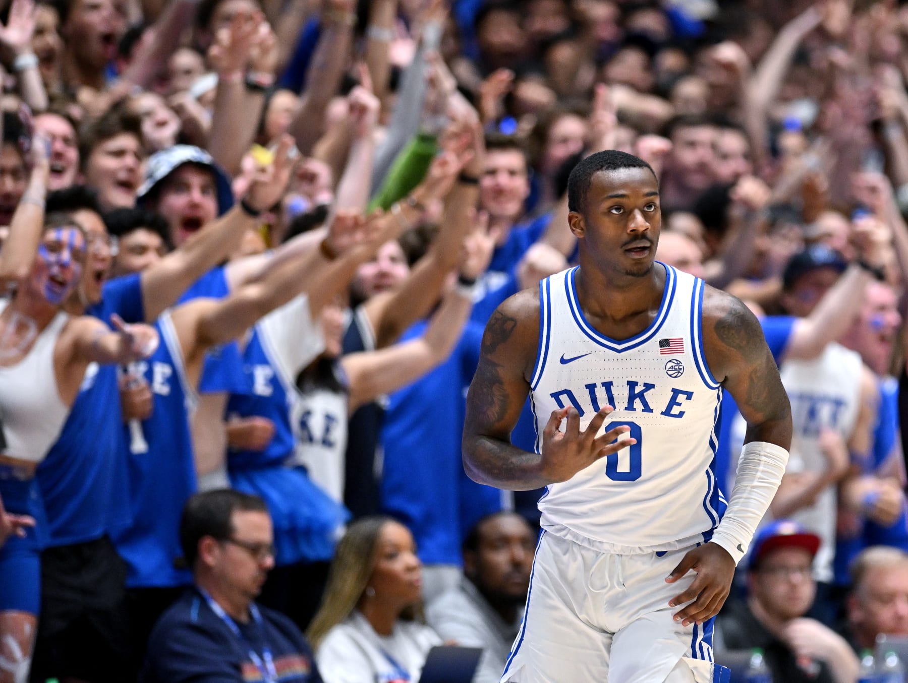 DURHAM, NORTH CAROLINA - FEBRUARY 28: Dariq Whitehead #0 of the Duke Blue Devils reacts after making a three-point basket against the North Carolina State Wolfpack during the first half of their game at Cameron Indoor Stadium on February 28, 2023 in Durham, North Carolina. (Photo by Grant Halverson/Getty Images)