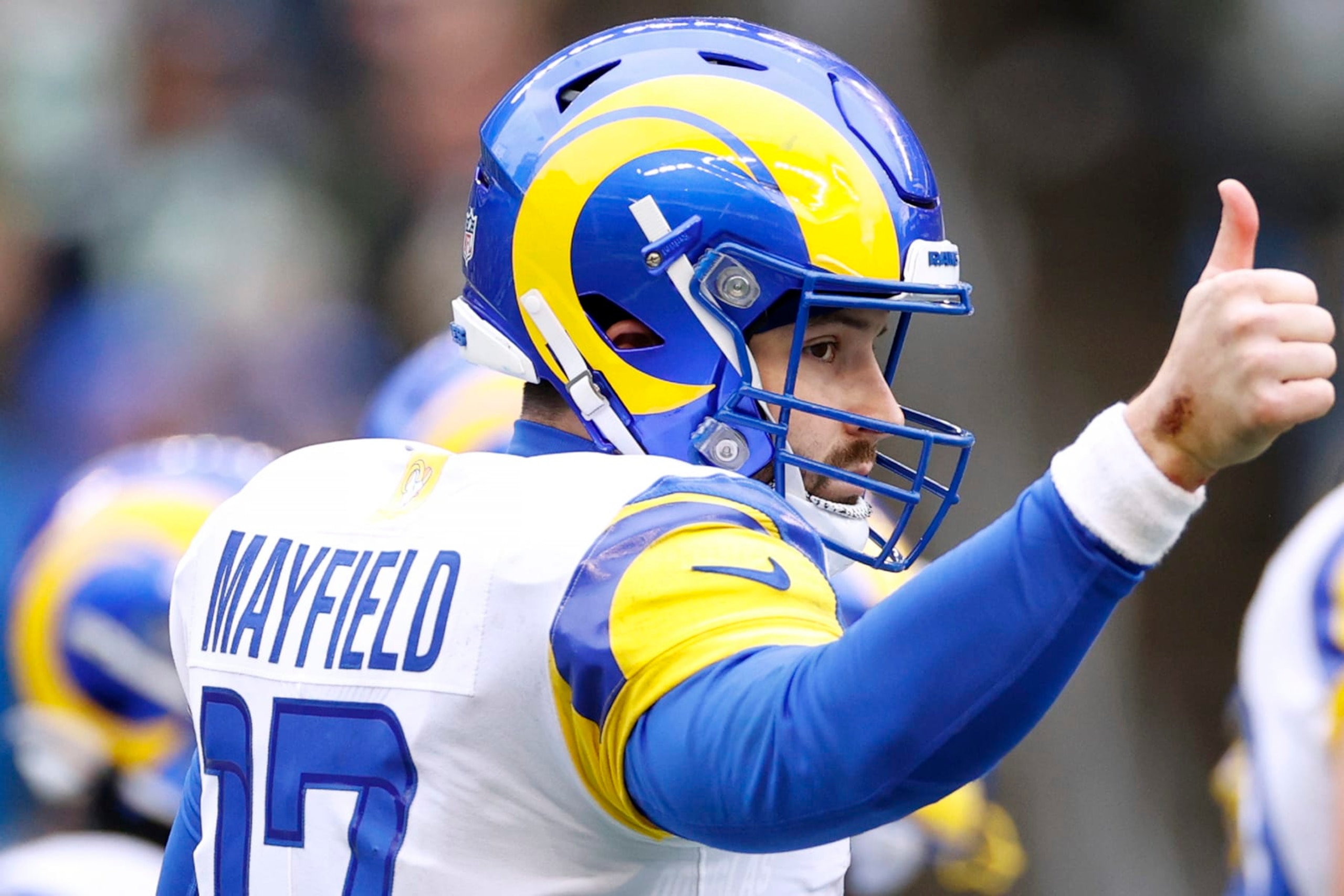 SEATTLE, WASHINGTON - JANUARY 08: Baker Mayfield #17 of the Los Angeles Rams reacts during the first half against the Seattle Seahawks at Lumen Field on January 08, 2023 in Seattle, Washington. (Photo by Steph Chambers/Getty Images)