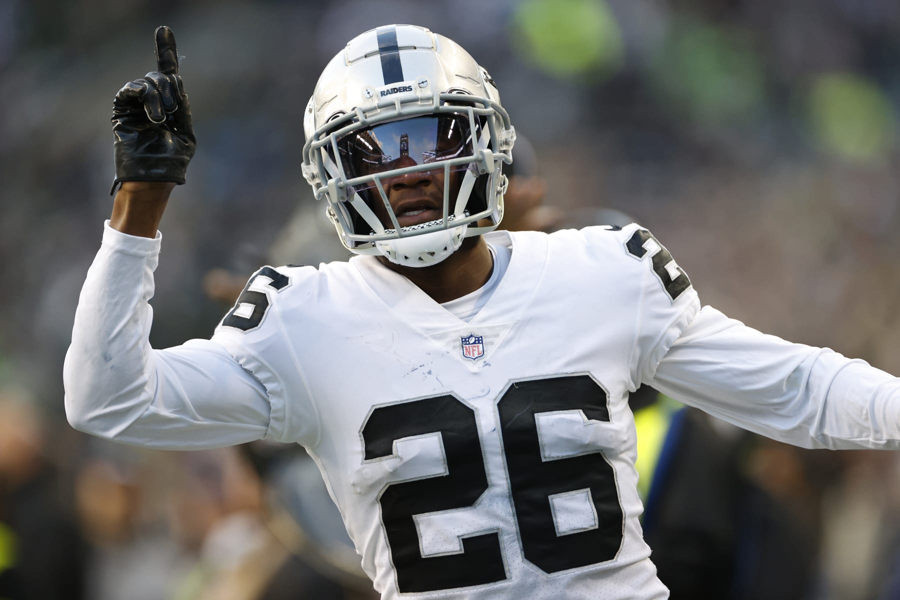 SEATTLE, WASHINGTON - NOVEMBER 27: Rock Ya-Sin #26 of the Las Vegas Raiders reacts in the fourth quarter against the Seattle Seahawks at Lumen Field on November 27, 2022 in Seattle, Washington. (Photo by Steph Chambers/Getty Images)
