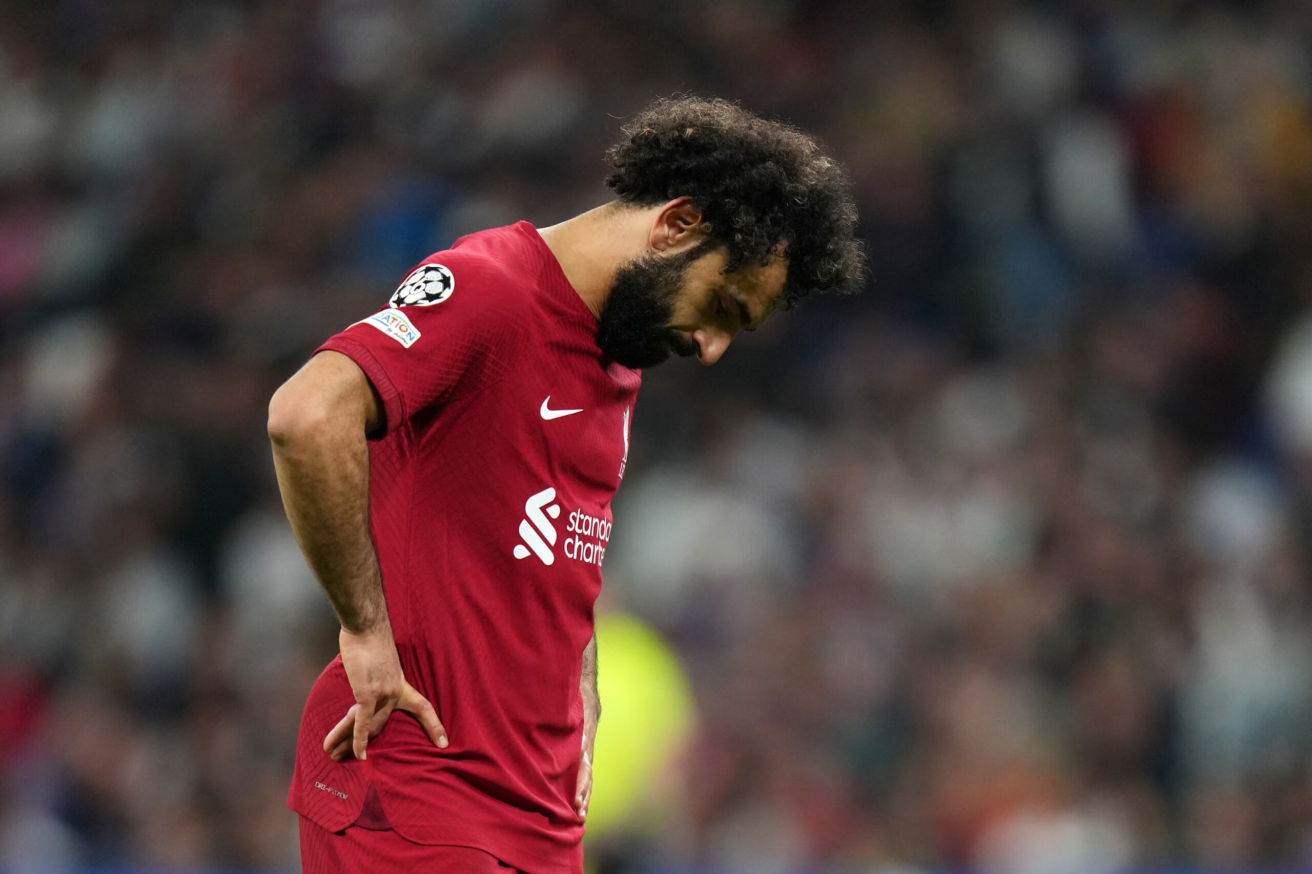 MADRID, SPAIN - MARCH 15: Mohamed Salah of Liverpool looks dejected during the UEFA Champions League round of 16 leg two match between Real Madrid and Liverpool FC at Estadio Santiago Bernabeu on March 15, 2023 in Madrid, Spain. (Photo by Angel Martinez/Getty Images)